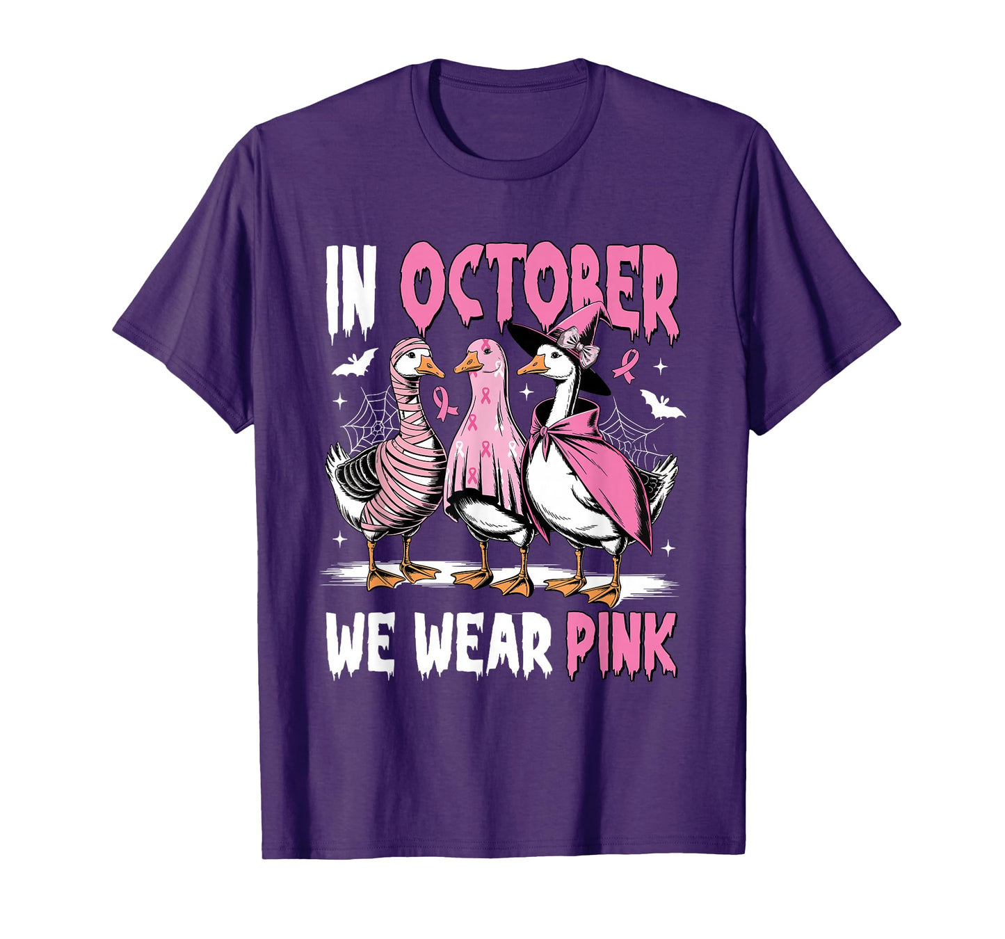in October We Wear Pink Breast Cancer Halloween Silly Goose T-Shirt