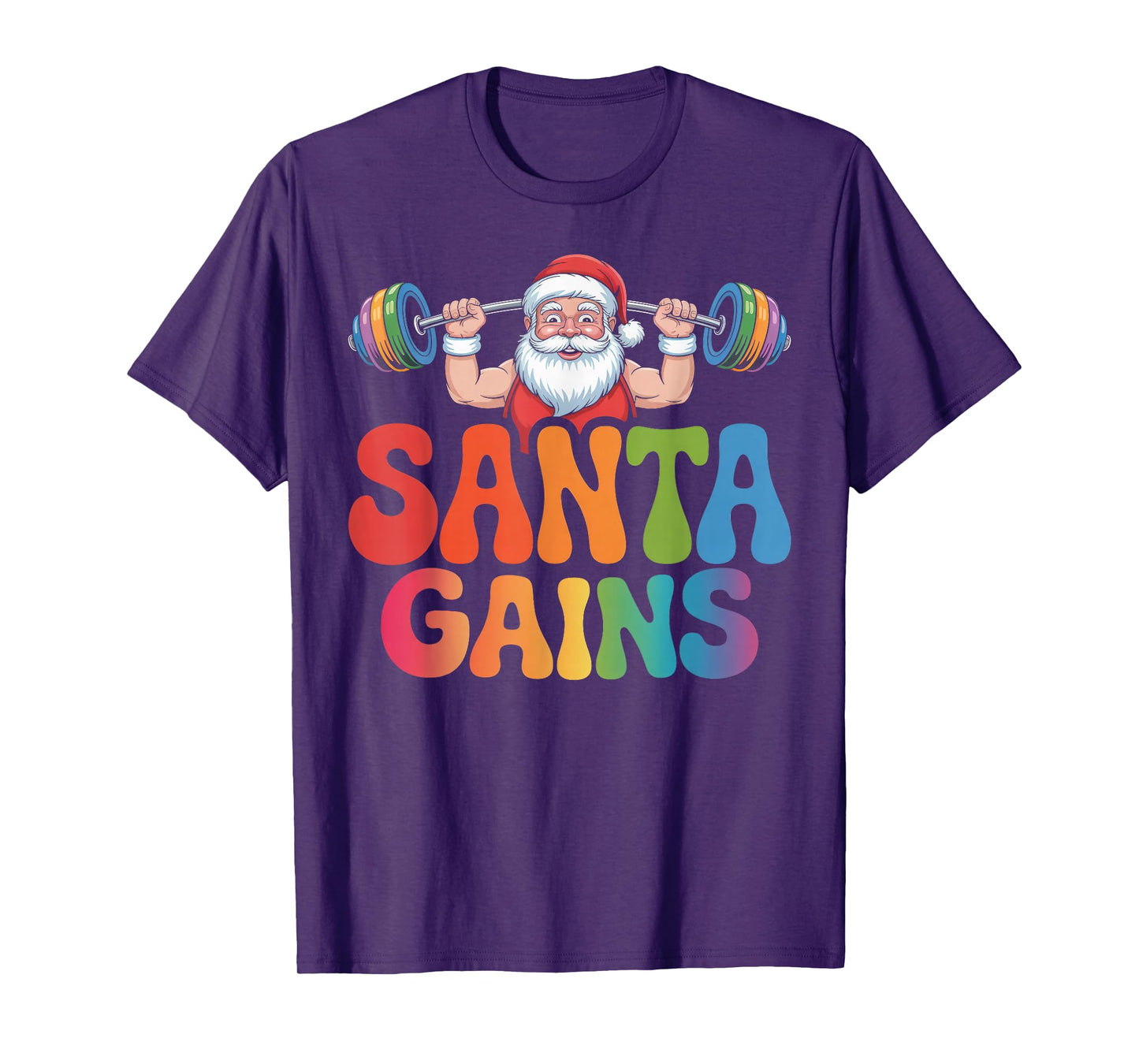 Santa Gains Festive Barbell Lifting Holiday Cheer Slogan T-Shirt