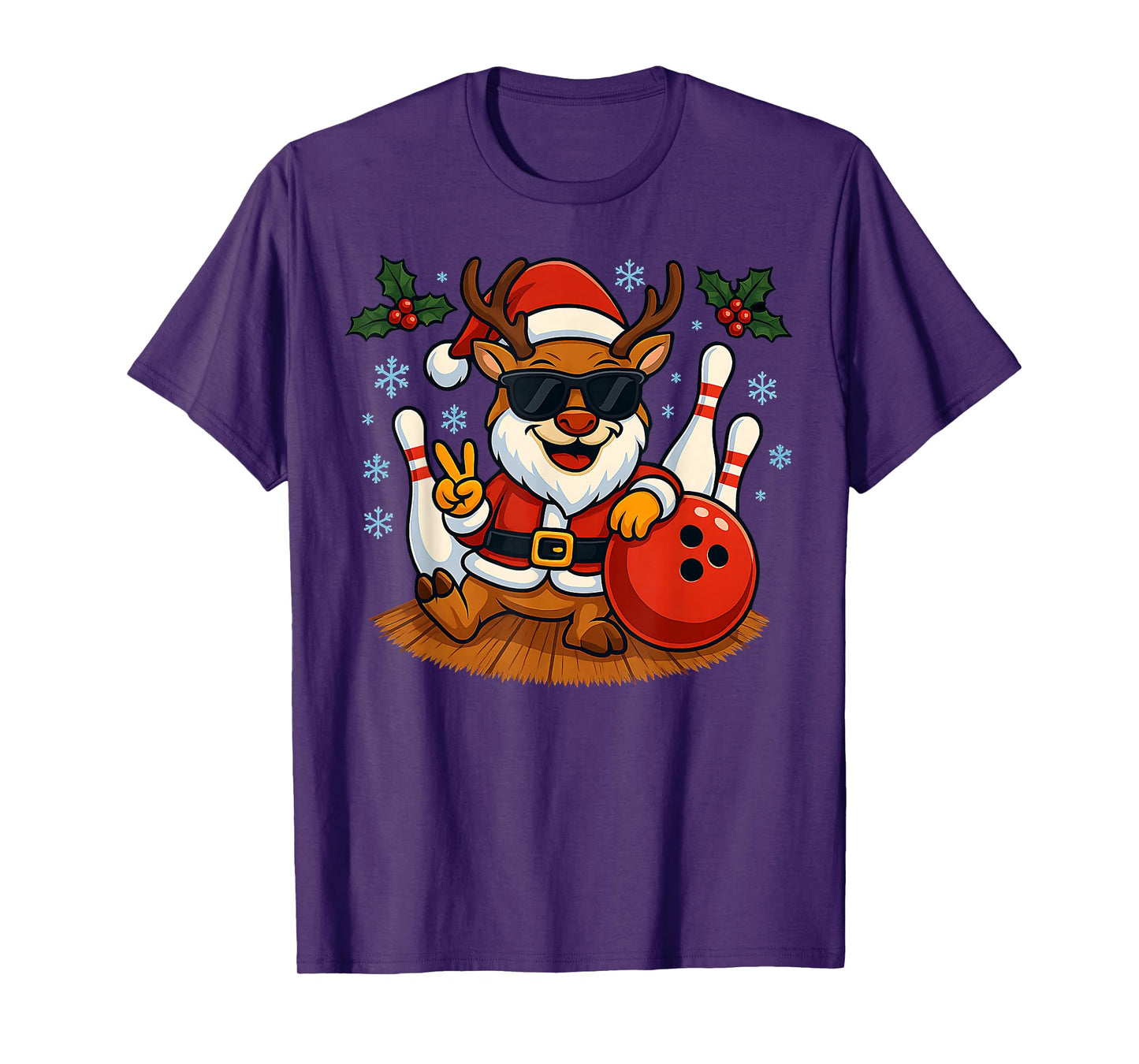 Cute Santa Reindeer Bowling Christmas Funny Holiday Vibes T-Shirt