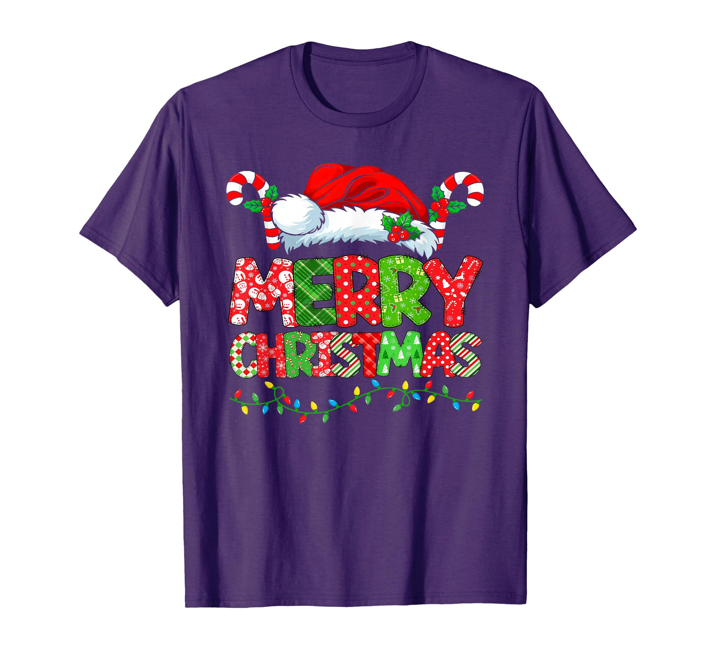 Merry Christmas Santa Hat Candy Cane Festive Holiday Lights T-Shirt