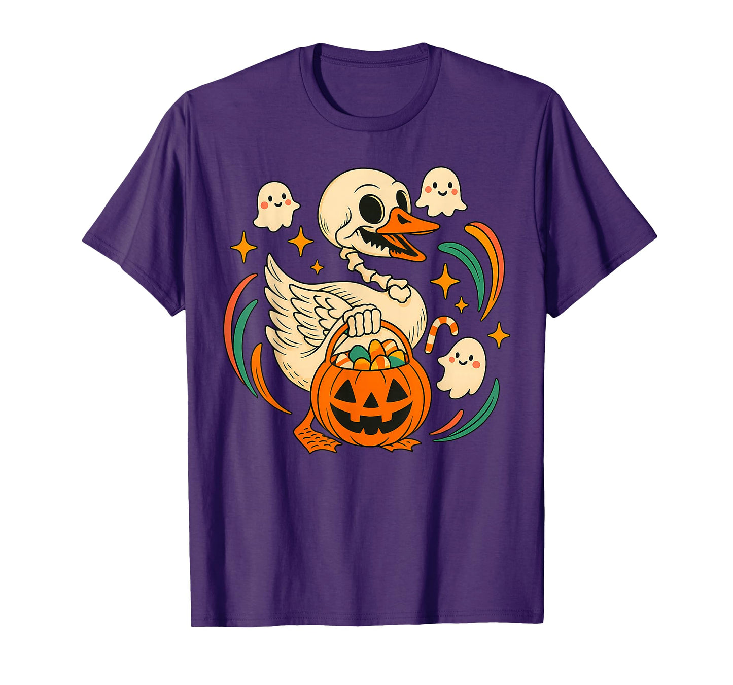 Halloween Goose Skeleton with Witch Hat Pumpkin Candy Bucket T-Shirt
