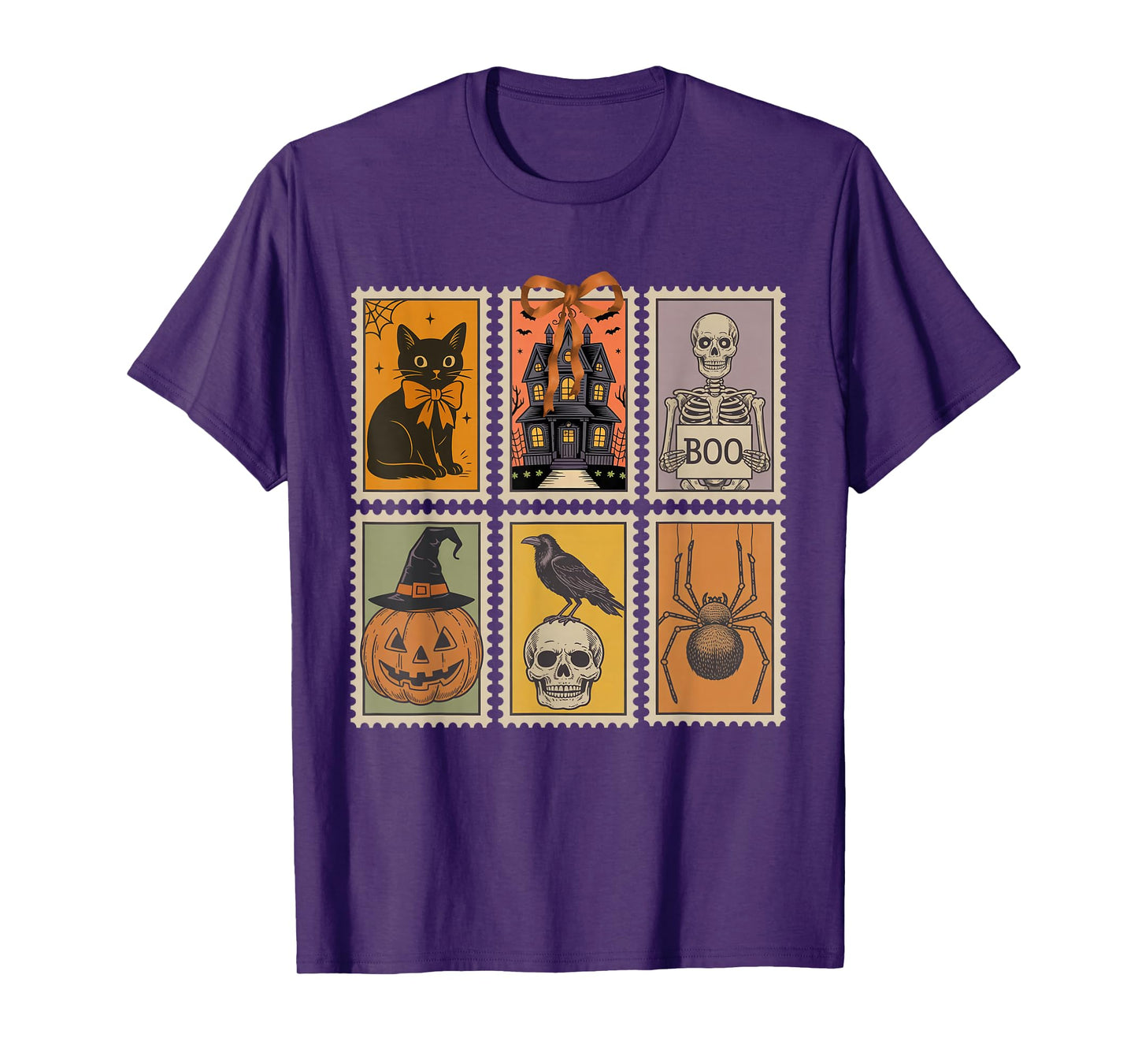 Vintage Halloween Stamp Cute Ghost Pumpkin Cat Retro Fall T-Shirt