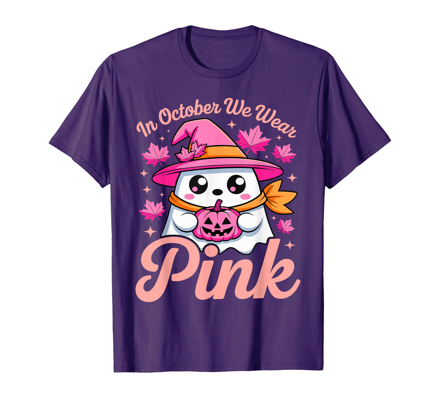 in October We Wear Pink Breast Cancer Awareness Witch Ghost T-Shirt