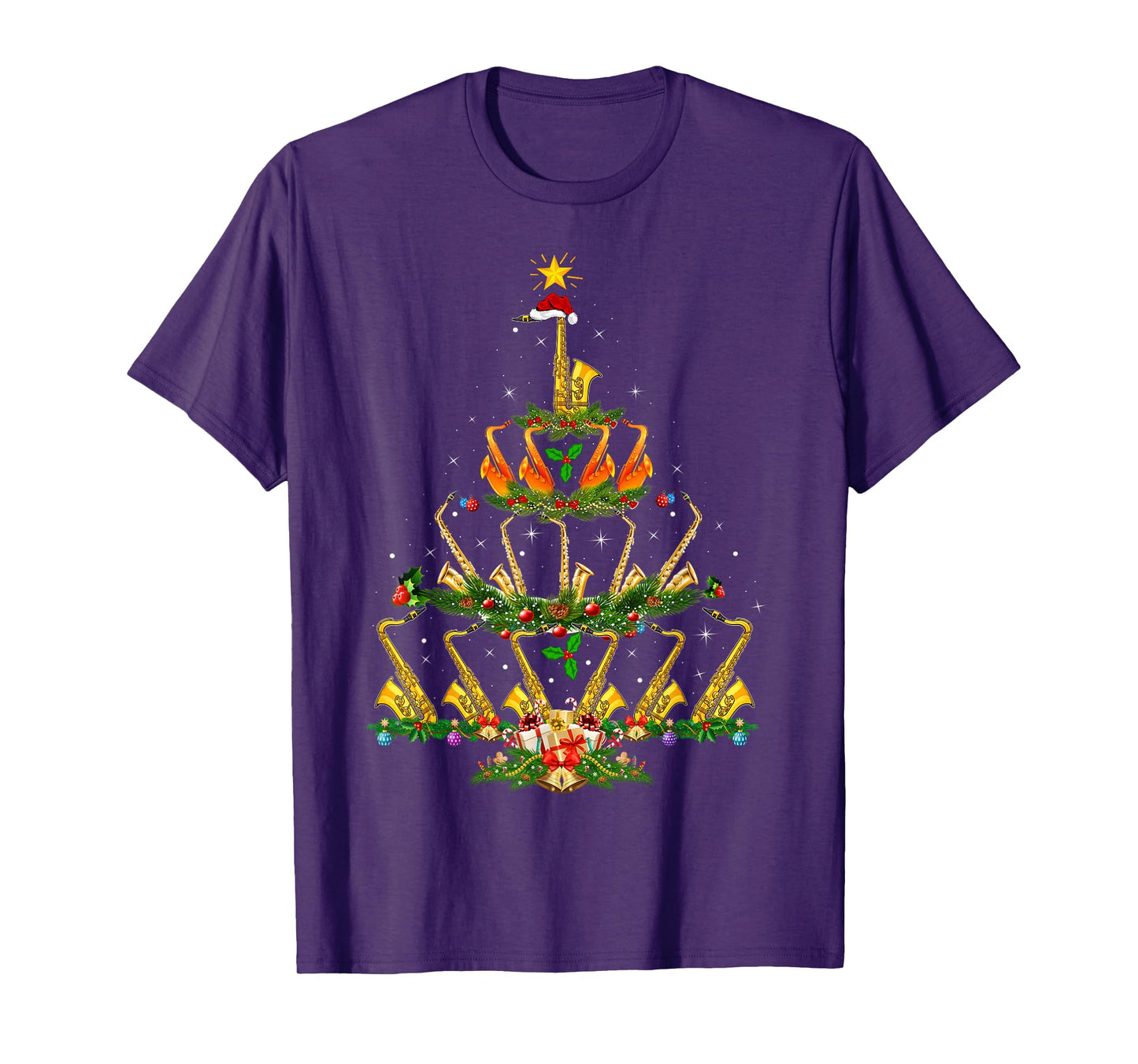 Saxophone Christmas Tree Lights Music Lover Musical Xmas T-Shirt