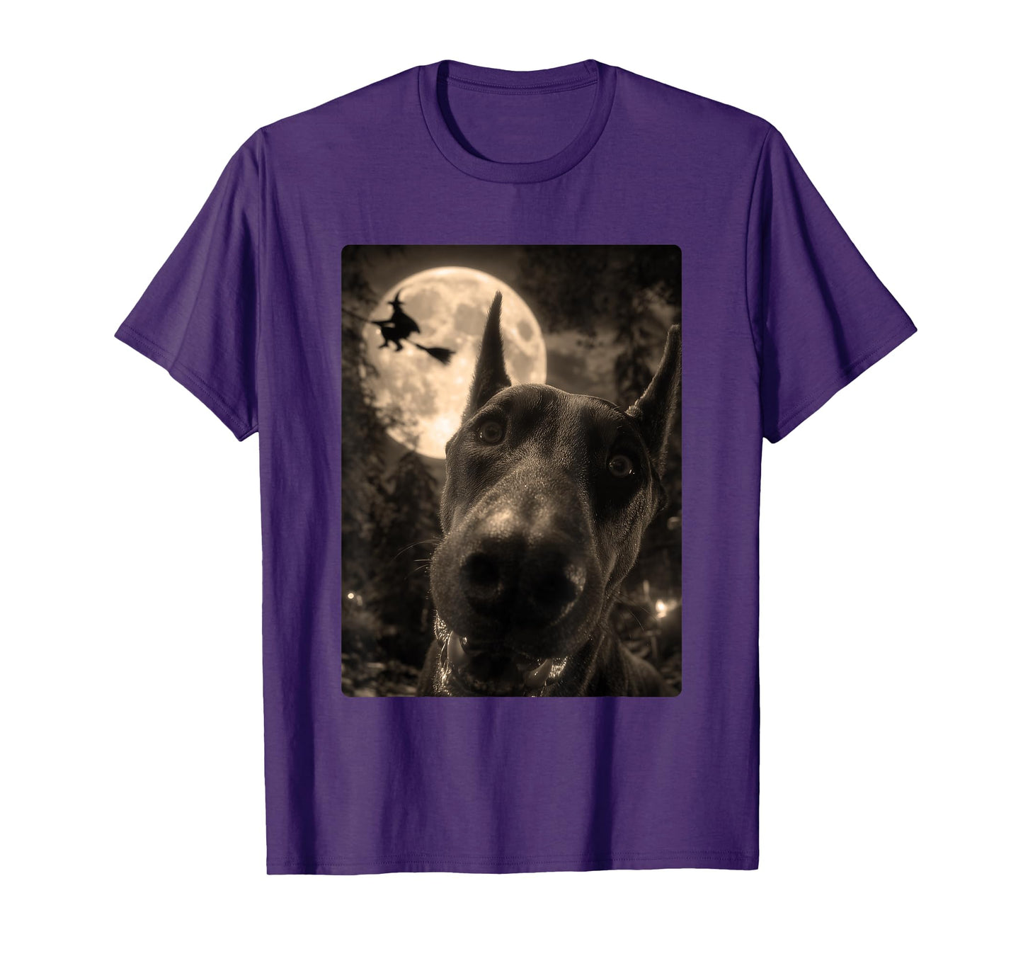 Funny Doberman Selfie Full Moon Flying Witch Halloween Dog T-Shirt