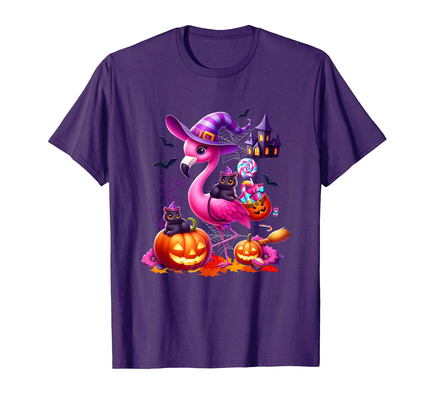 Black Cat Halloween Costume Trick Or Treat Witch Flamingo T-Shirt