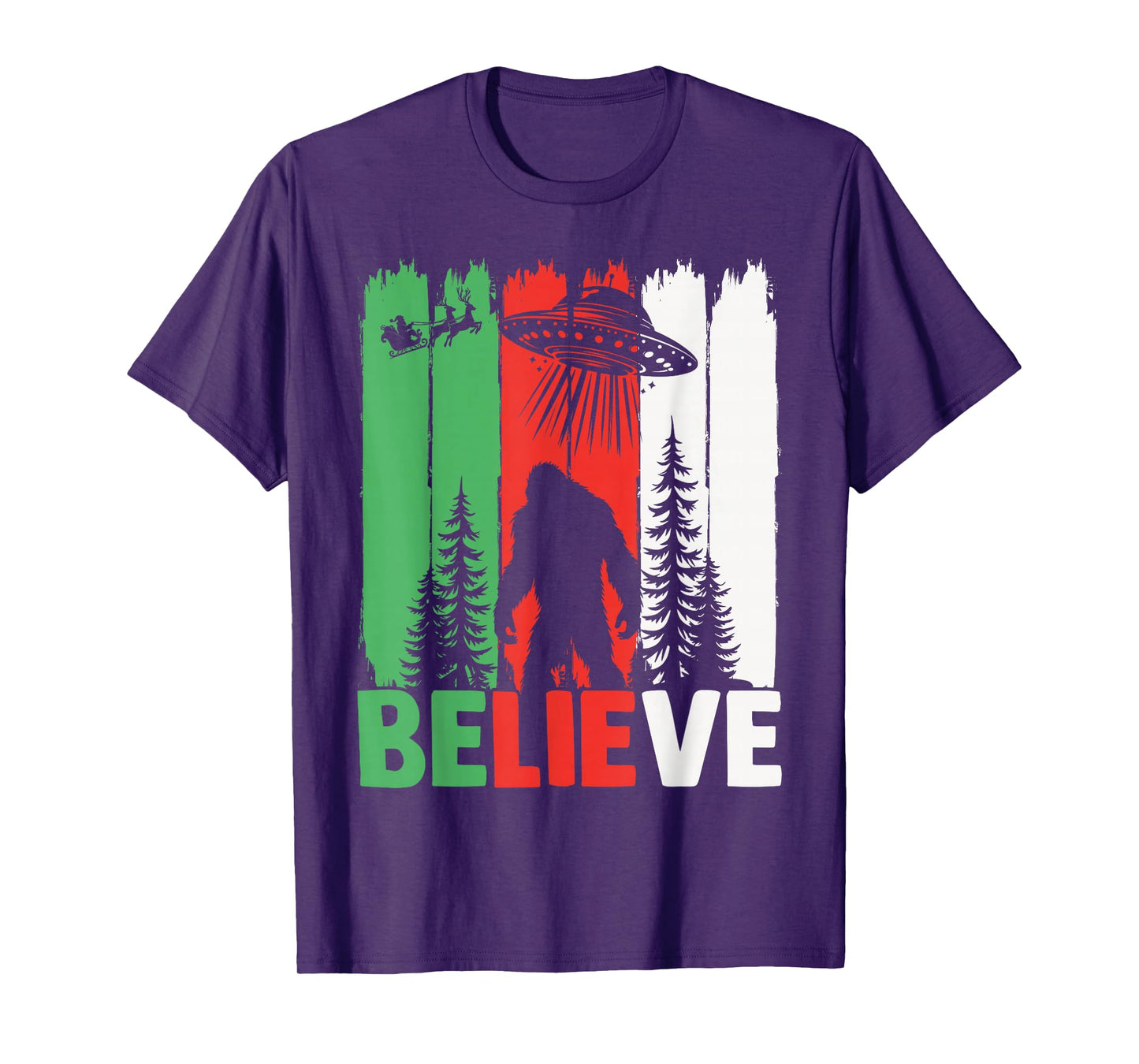 Bigfoot Believe UFO Aliens Santa Claus Reindeer Christmas T-Shirt