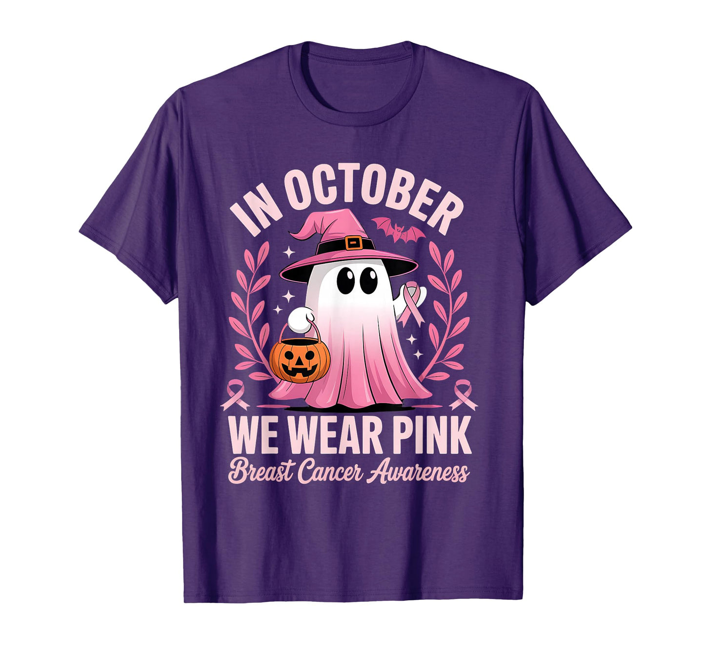 in October We Wear Pink Women Ghost Breast Cancer Awareness T-Shirt