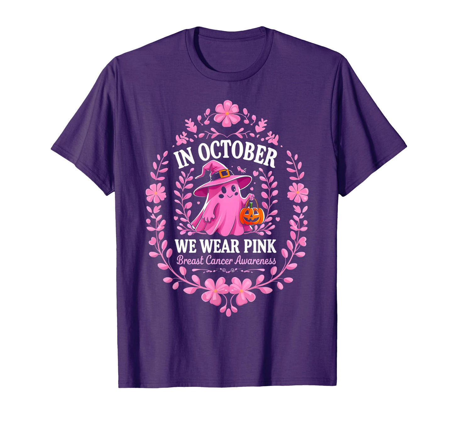 in October We Wear Pink Ghost Breast Cancer Awareness Design T-Shirt