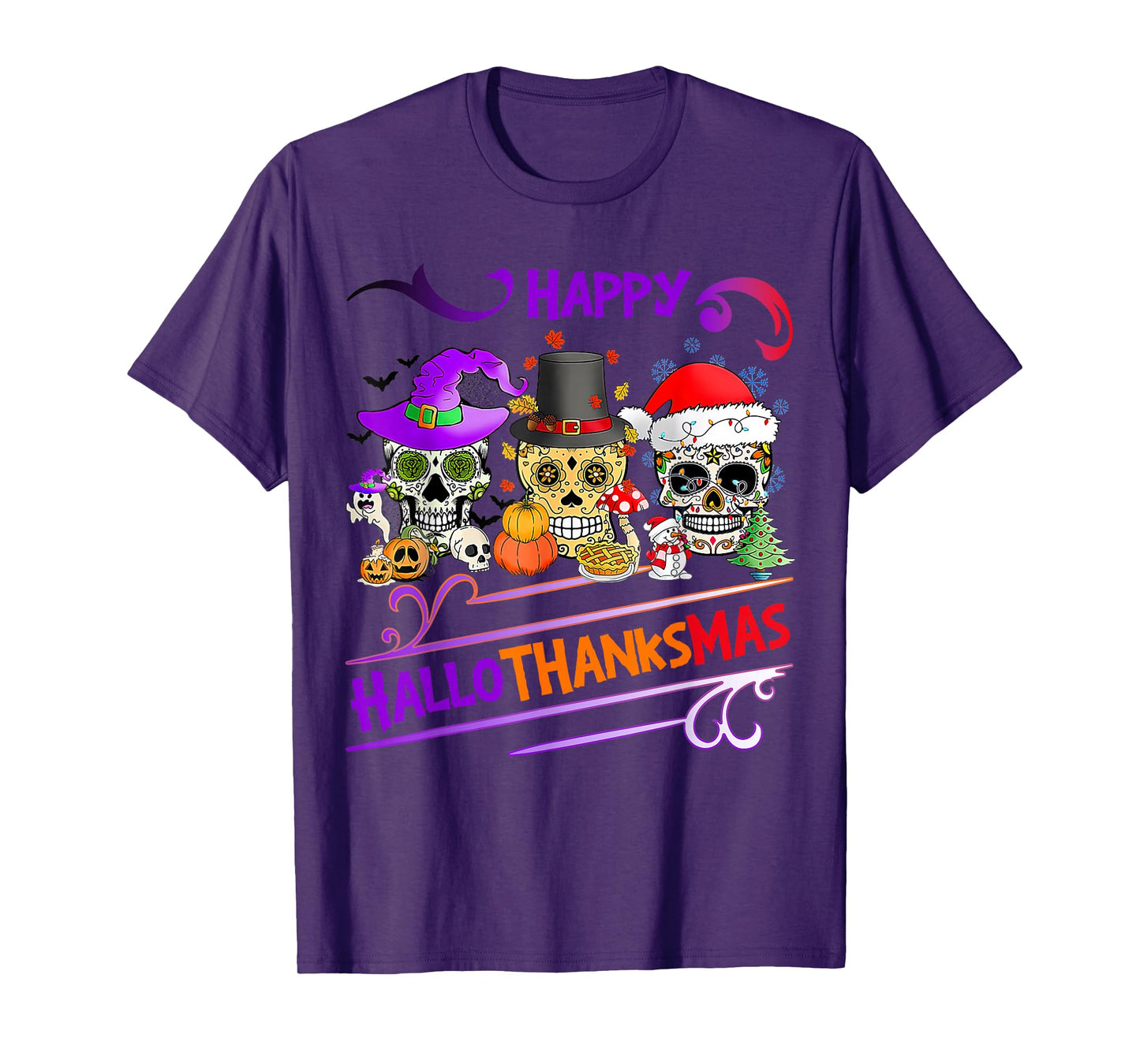 Sugar Skull Happy Hallothanksmas Halloween Thanksgiving Xmas T-Shirt