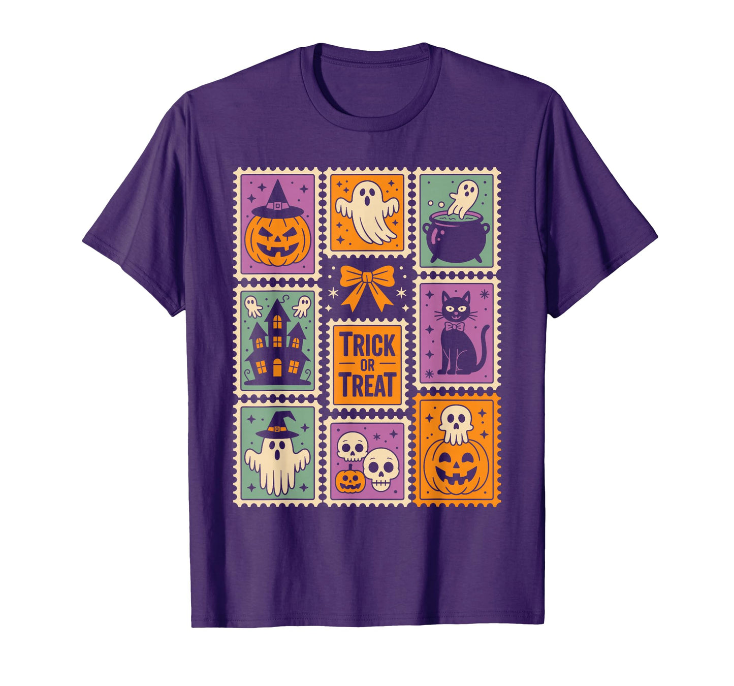 Halloween Stamps Spooky Pumpkin Ghost Cat Witch Skeleton T-Shirt