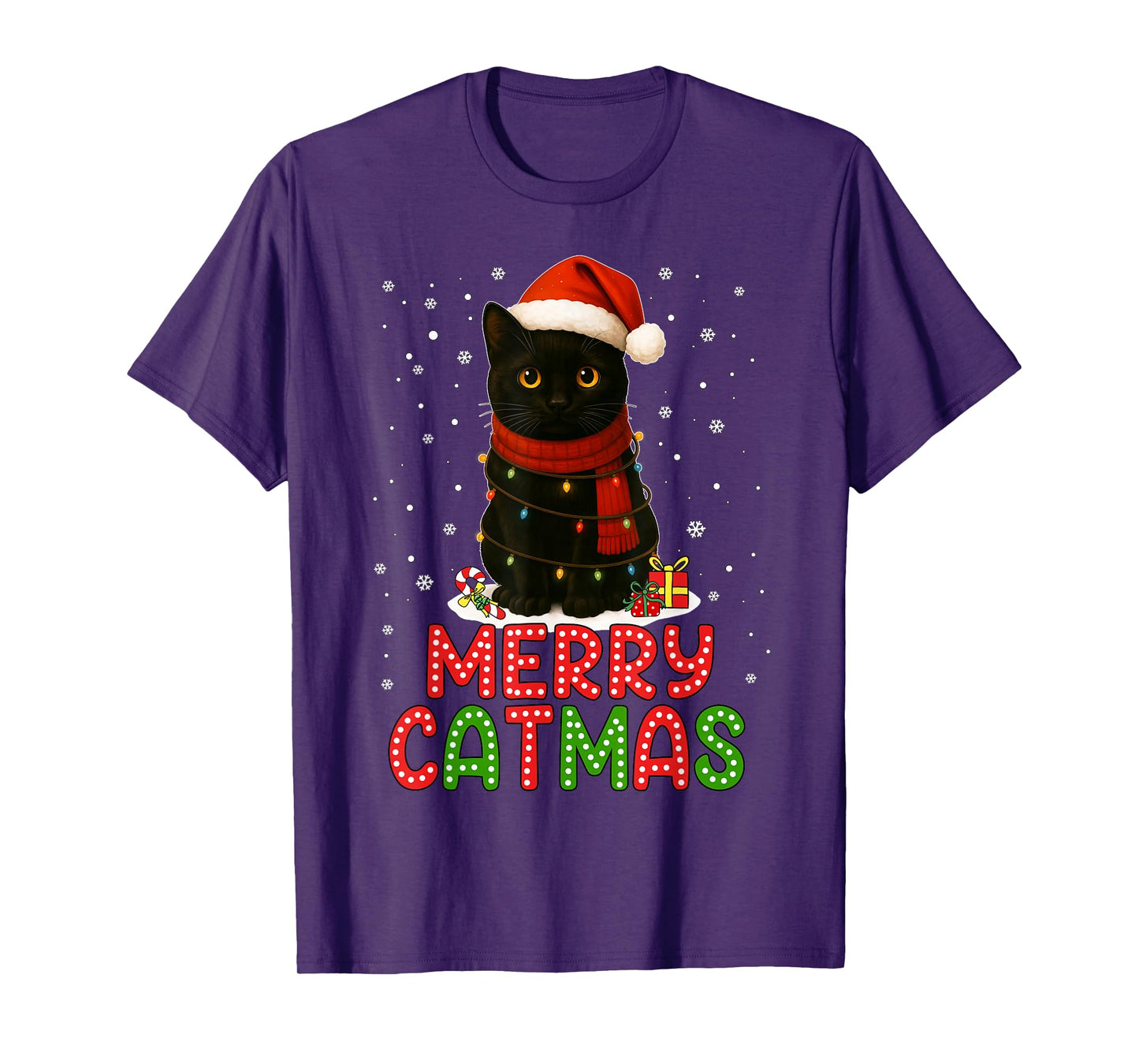 Merry Catmas Santa Hat Funny Black Cat Christmas Women Kids T-Shirt