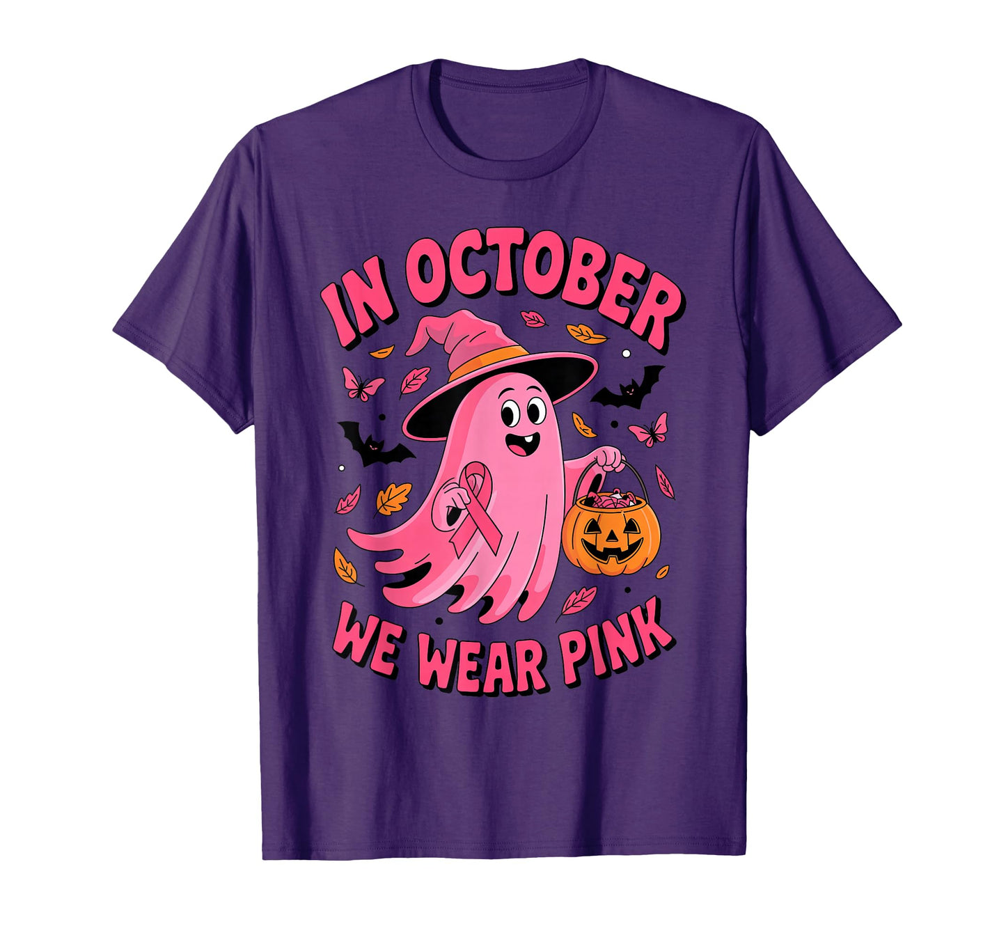 in October We Wear Pink Breast Cancer Ghost Witch Pumpkin T-Shirt