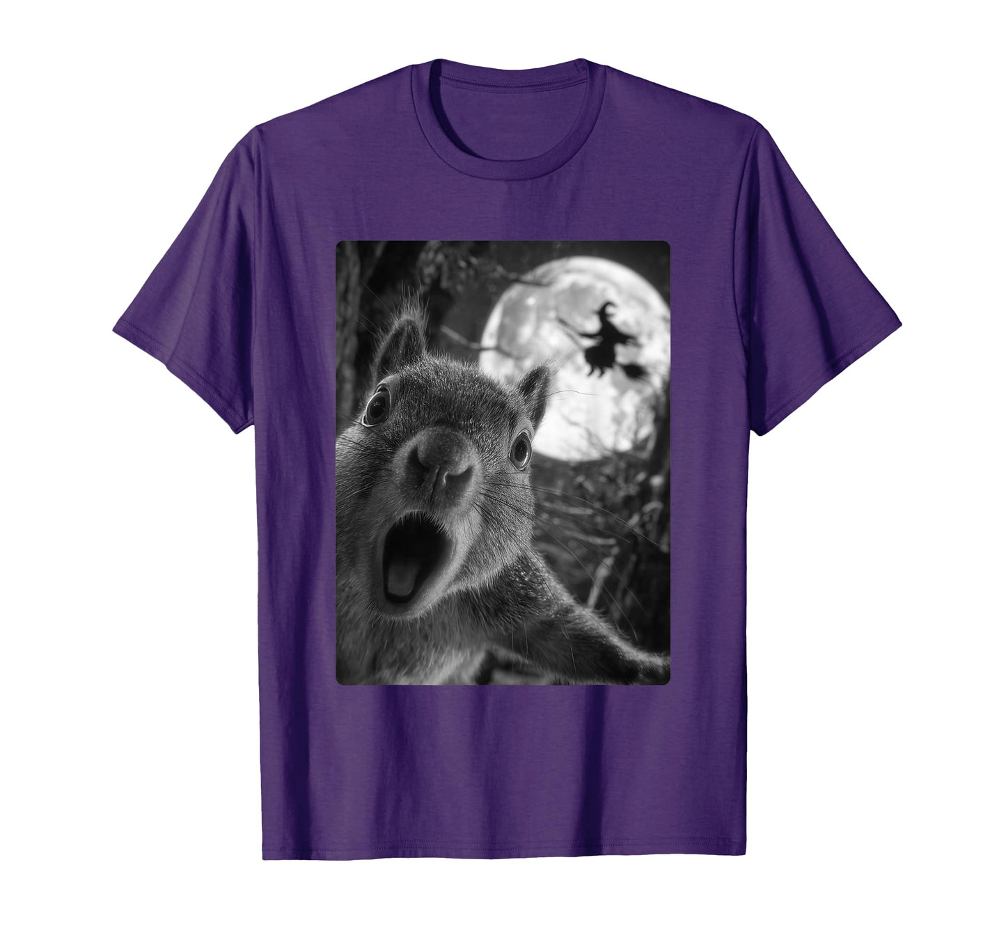 Funny Squirrel Selfie with Full Moon Flying Witch Halloween T-Shirt