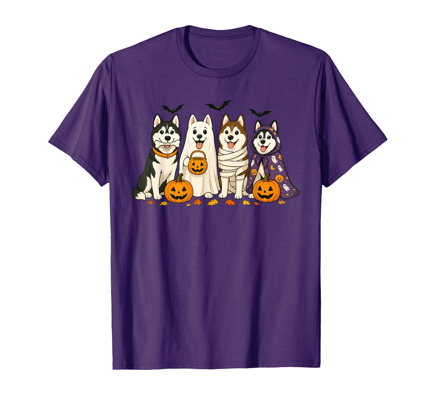Siberian Husky Dogs Ghost Witch Mummy Halloween Pumpkins T-Shirt