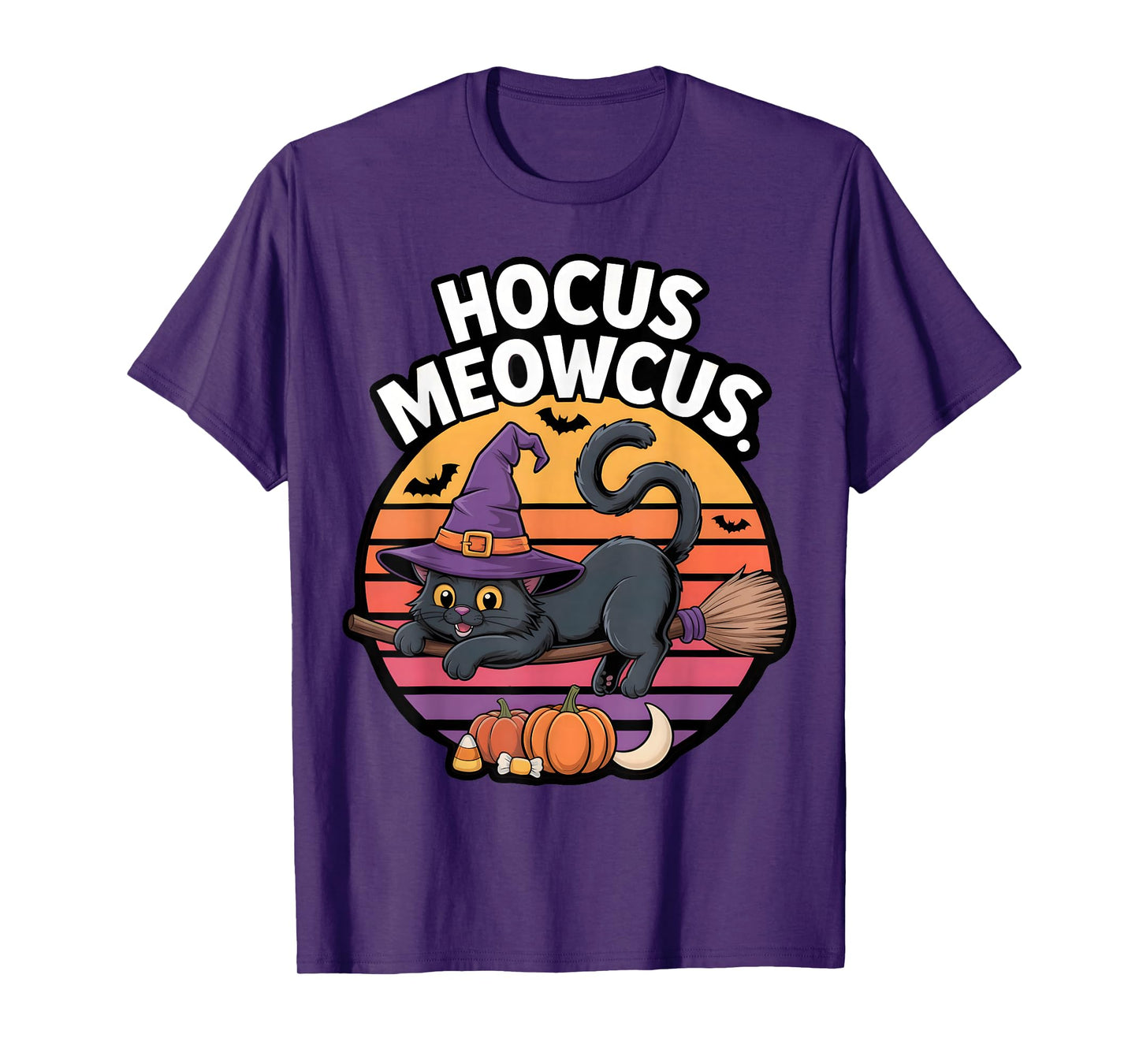Hocus Meowcus Black Cat Witch Hat Broom Pumpkin Halloween T-Shirt
