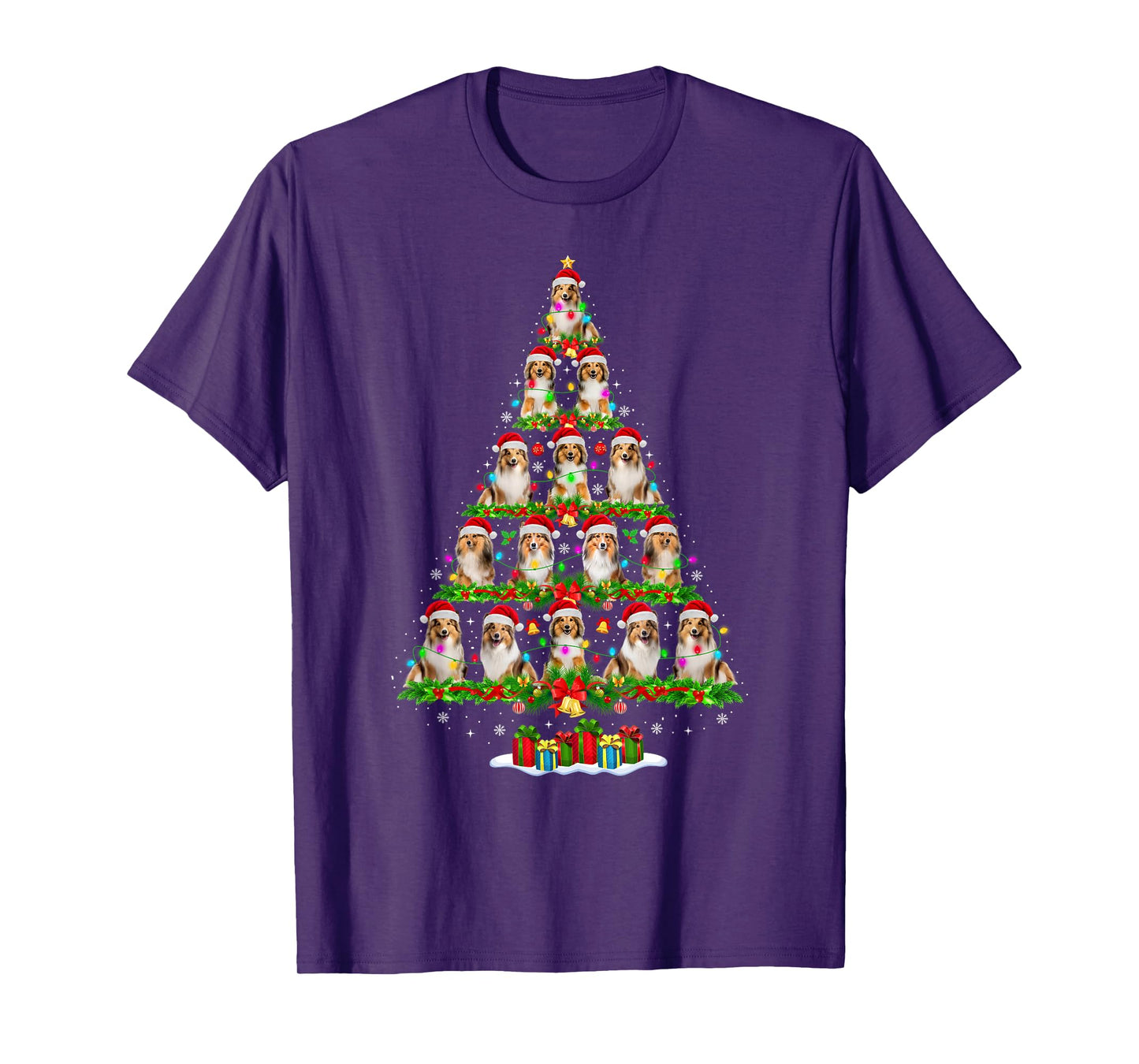Sheltie Dog Christmas Tree Lights Funny Family Xmas Pajamas T-Shirt