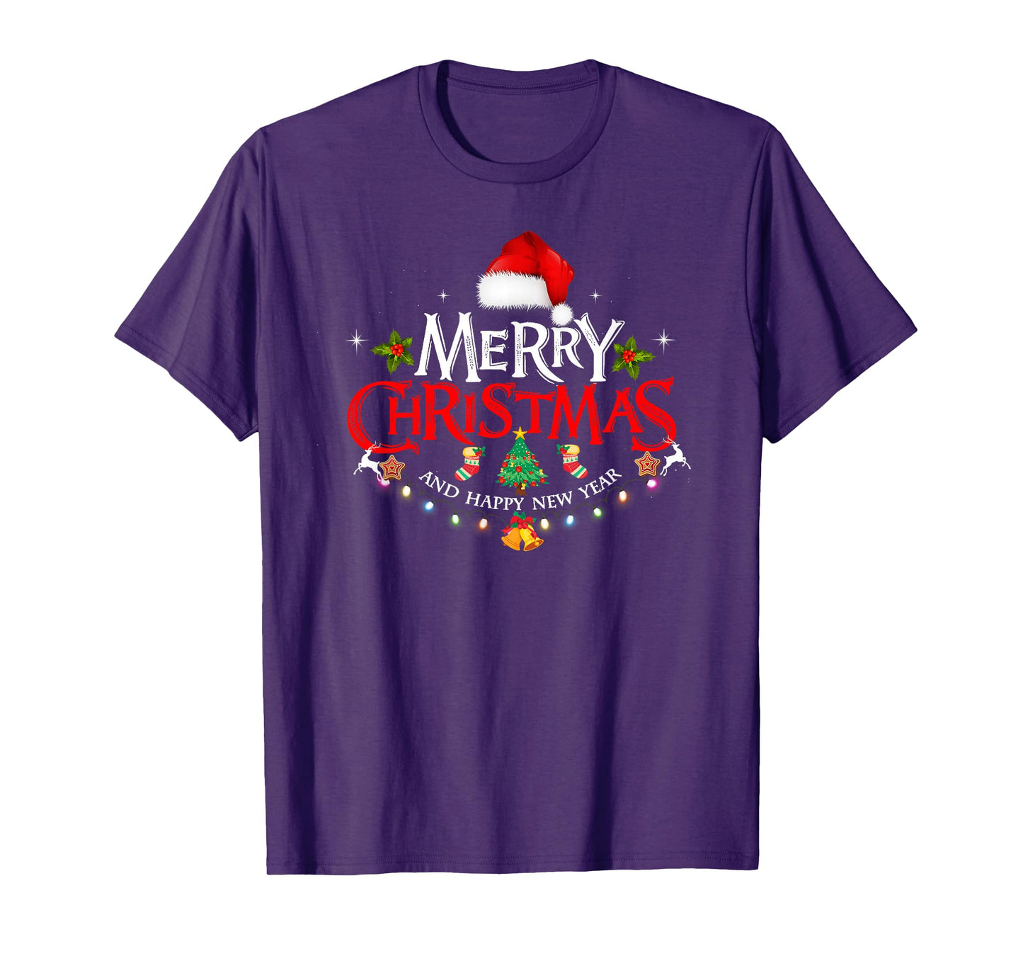 Merry Christmas Lights Red Santa Hat Xmas and Happy New Year T-Shirt