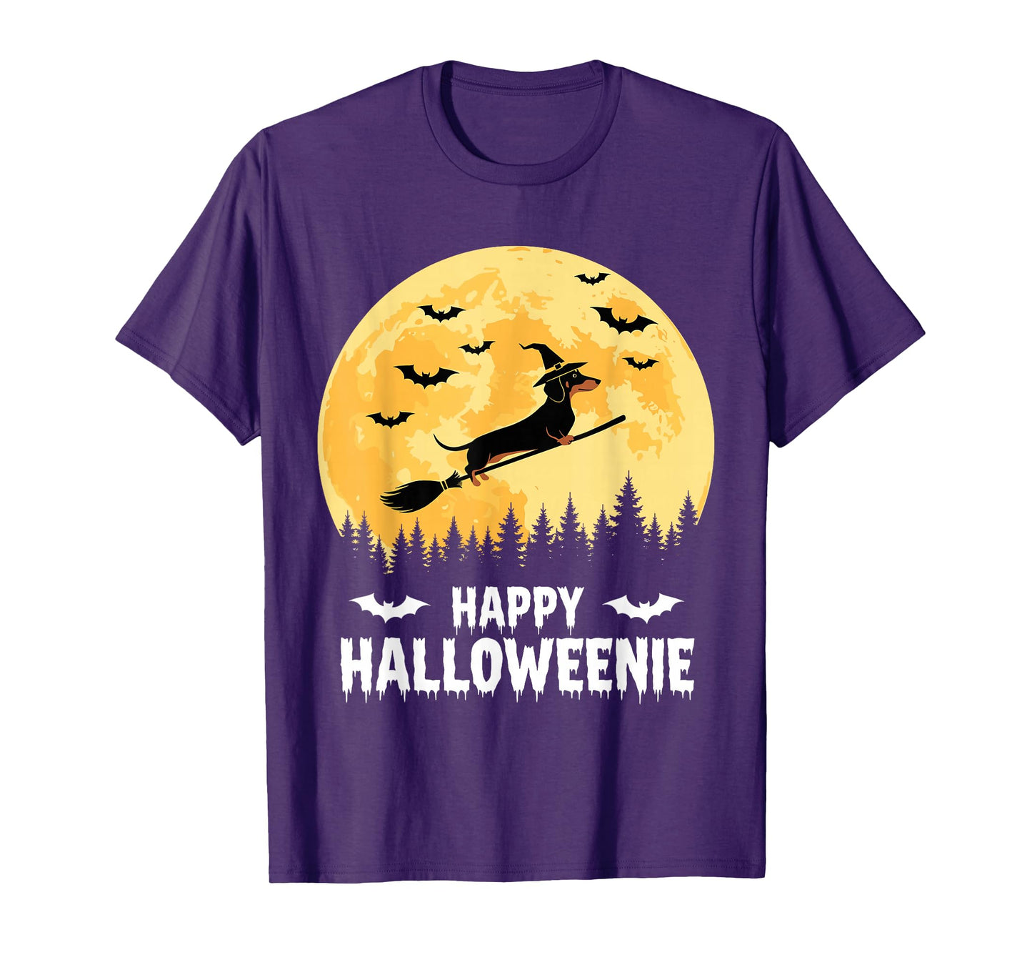 Happy Halloweenie Funny Halloween Dachshund Flying Witch T-Shirt