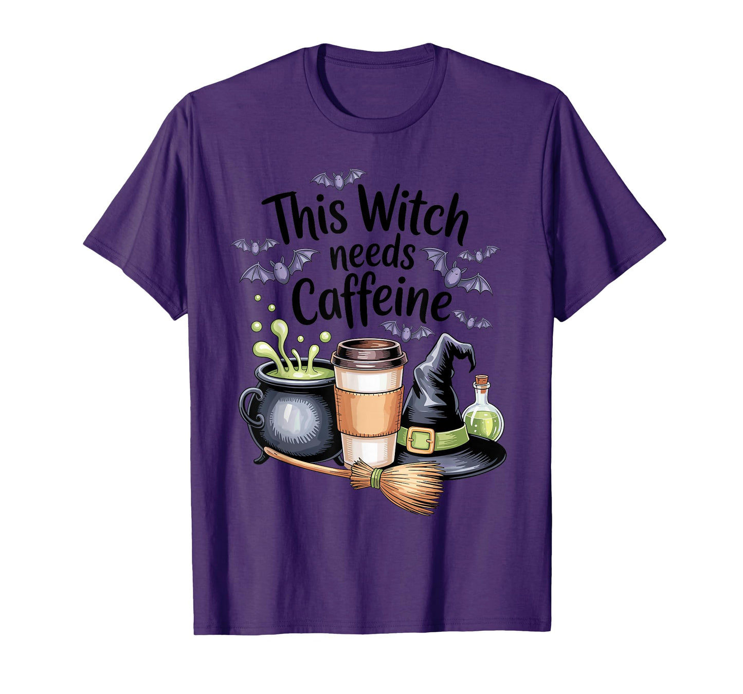 Halloween Witch Cauldron Broom and Matcha Coffee Cup T-Shirt