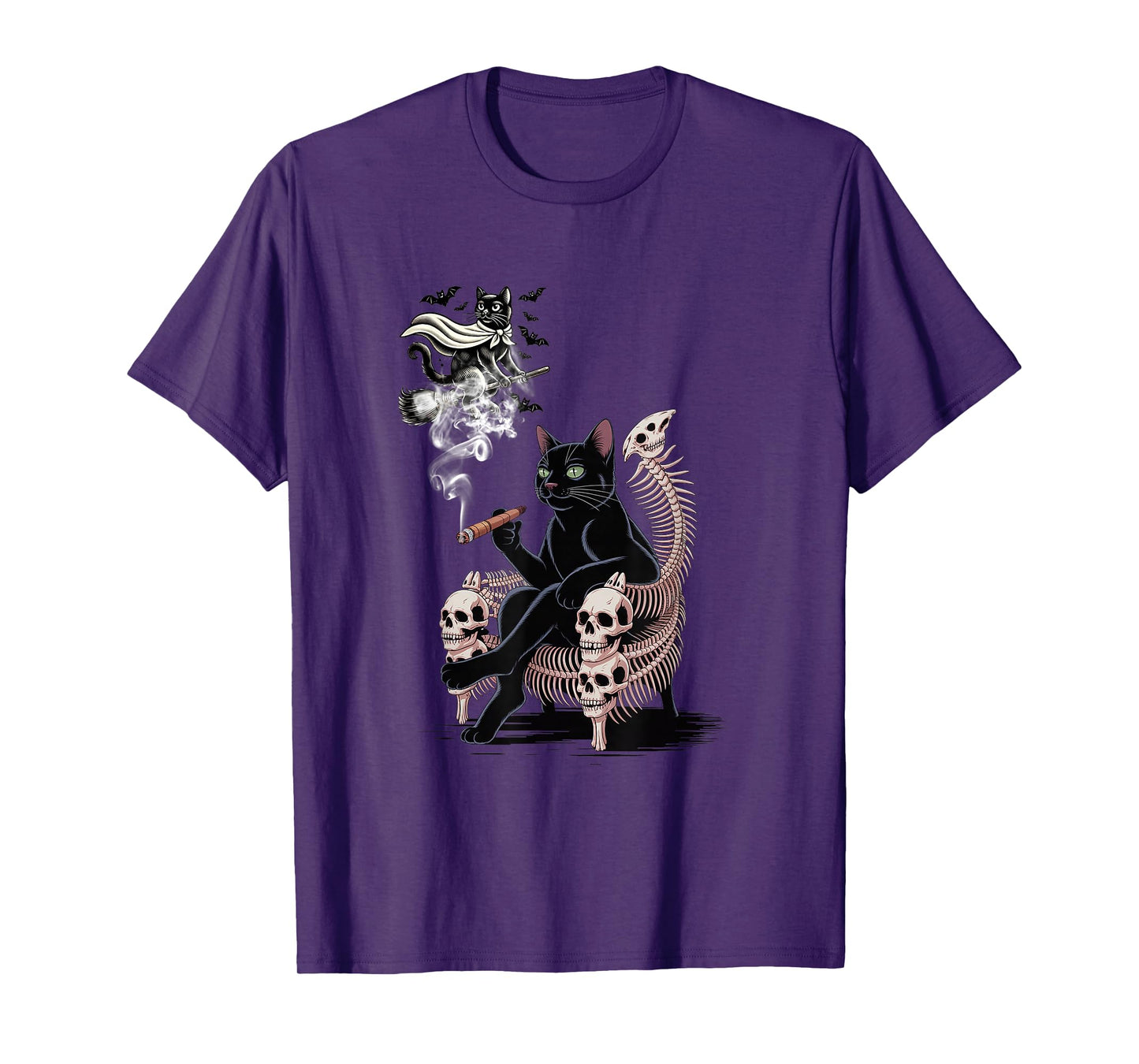 Black Cat Smoking Cigarette Halloween Scary Witch Cat Flying T-Shirt
