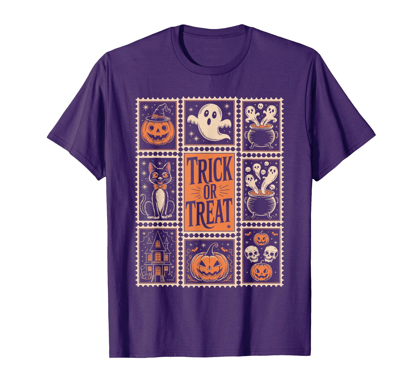 Halloween Stamps Spooky Pumpkin Ghost Cat Witch Skeleton T-Shirt