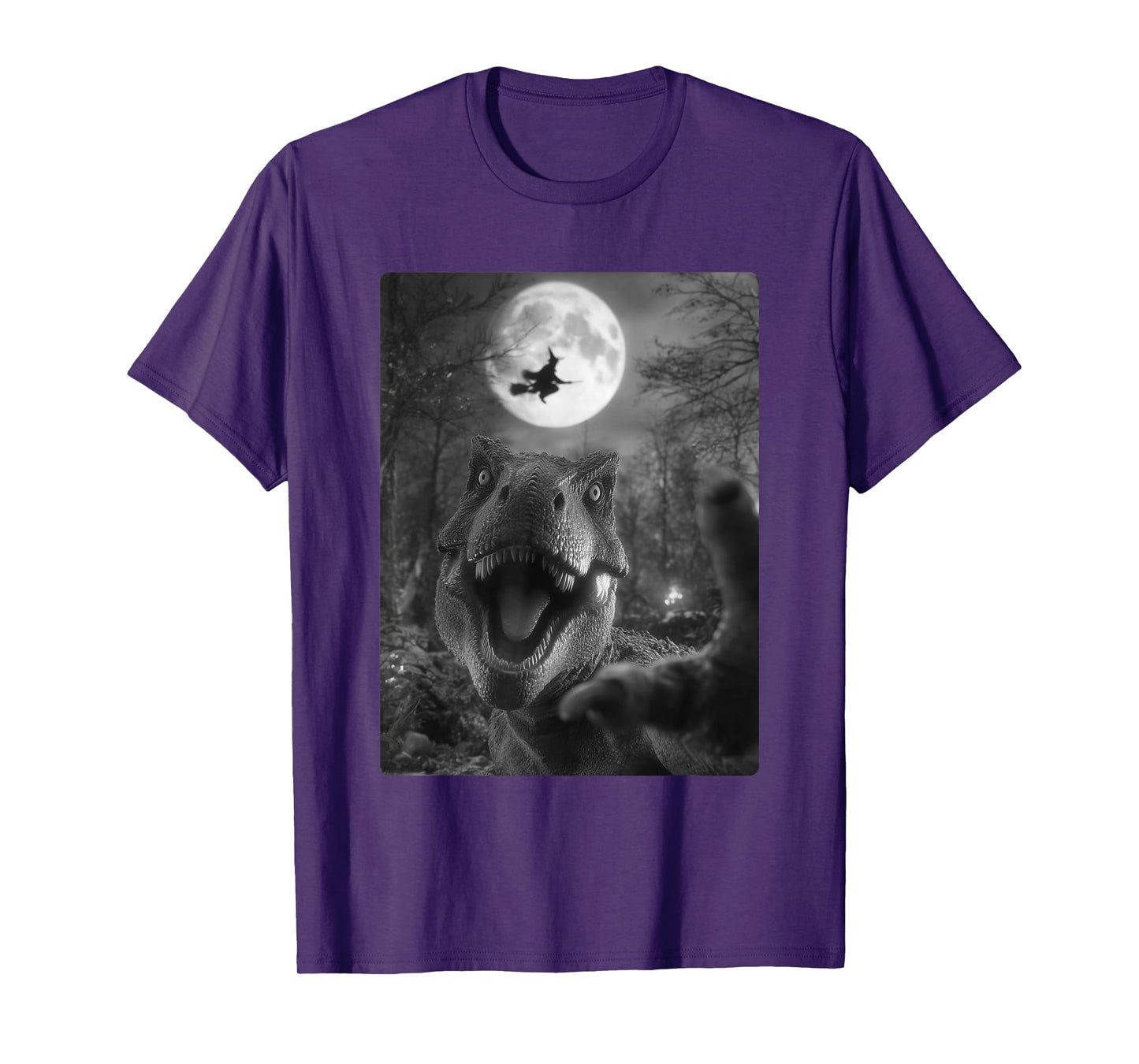 Funny T-rex Selfie Full Moon Flying Witch Dinosaur Halloween T-Shirt