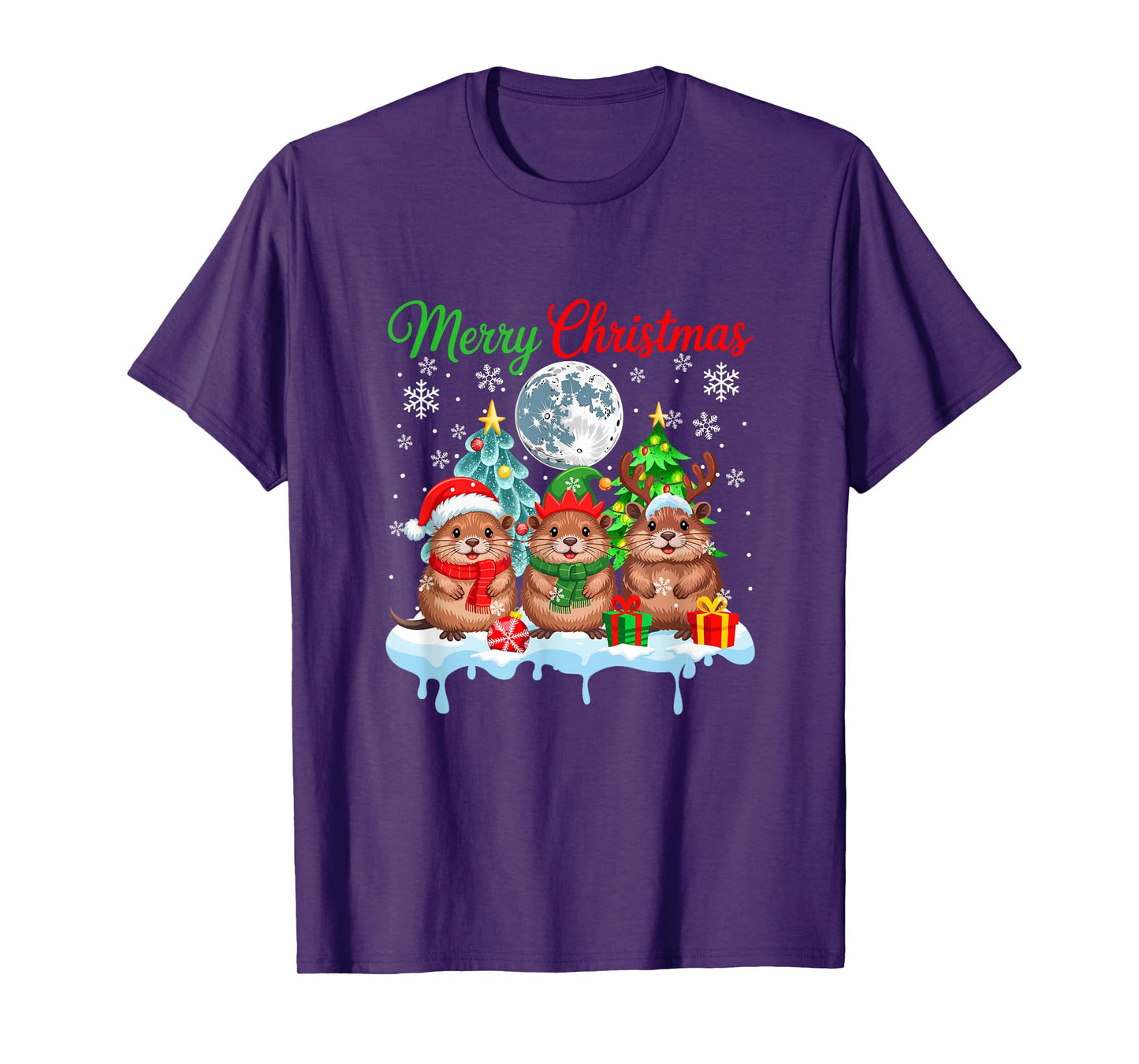 Merry Christmas Three Santa Elf Reindeer Muskrats Rodent T-Shirt