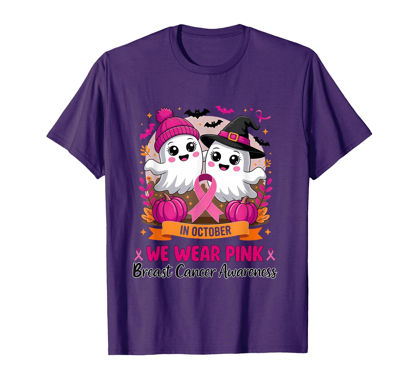 in October We Wear Pink Ghost Witch Breast Cancer Awareness T-Shirt