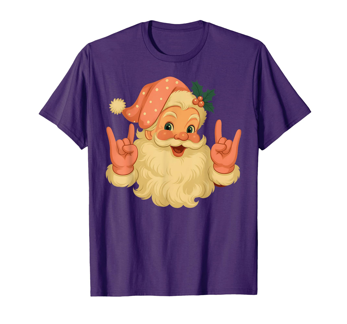 Vintage Pink Santa Claus Christmas Rock Hand Girl Women T-Shirt