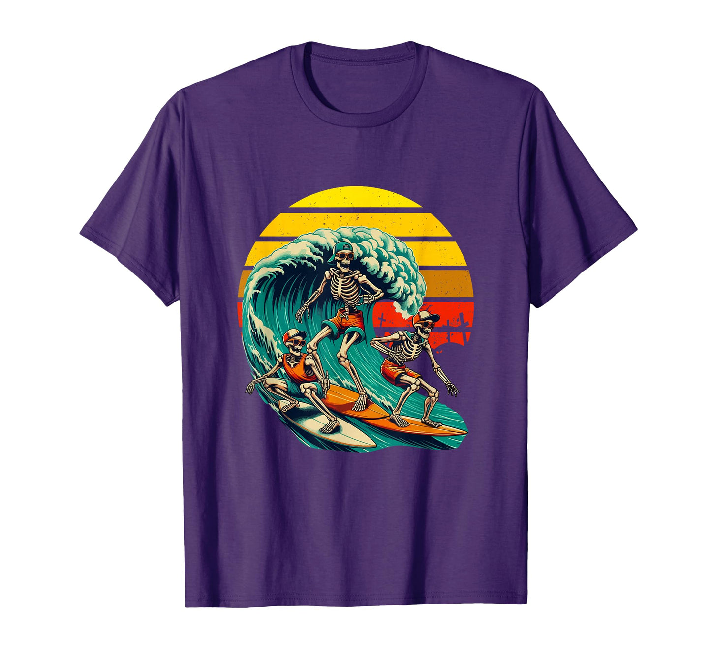 Vintage Retro Three Funny Skeletons Surfing Surfer Halloween T-Shirt