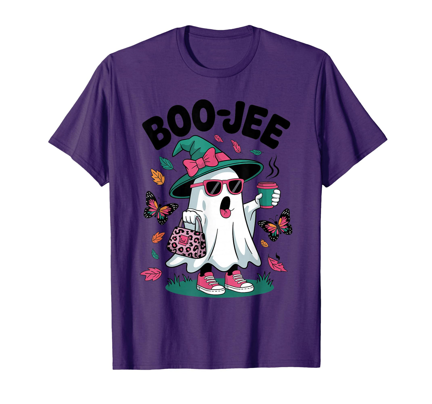 Leopard Ghost Drinking Coffee Witch Hat Boujee Halloween T-Shirt