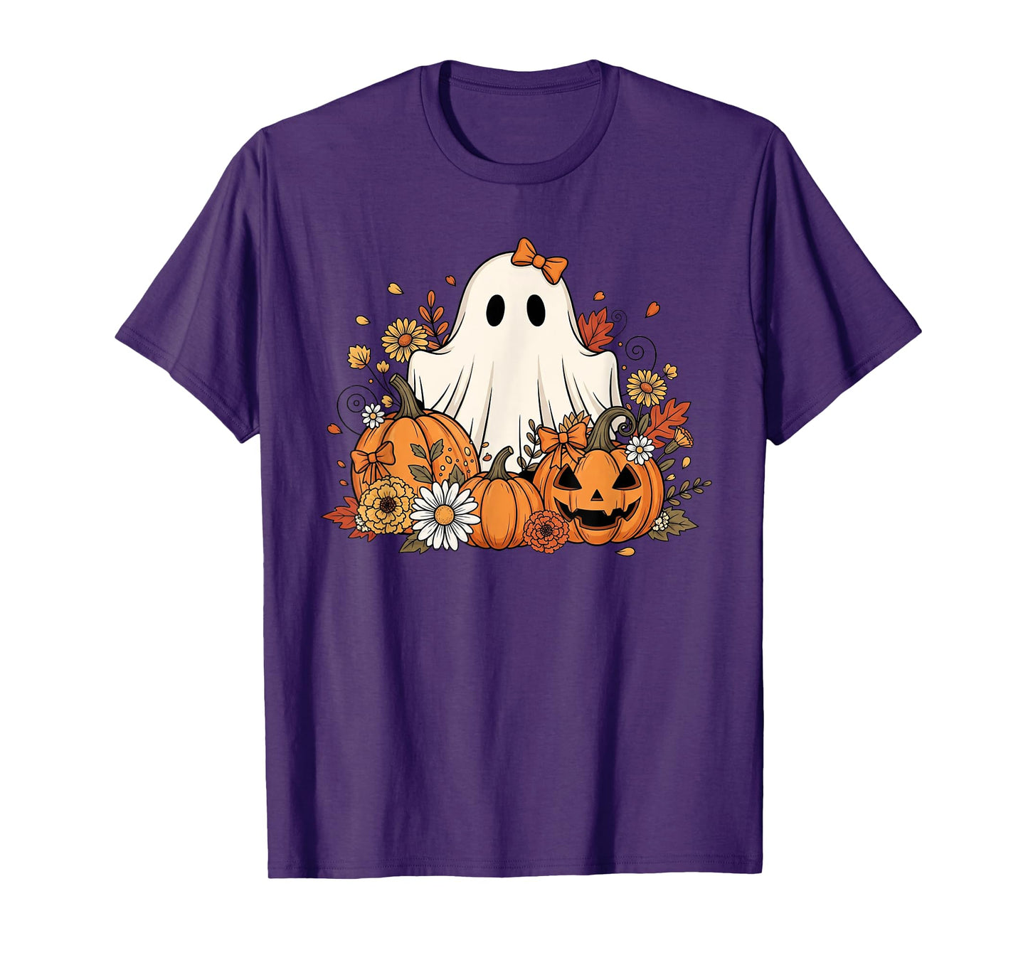 Cute Ghost With Flower Halloween Pumpkin Autumn Women T-Shirt