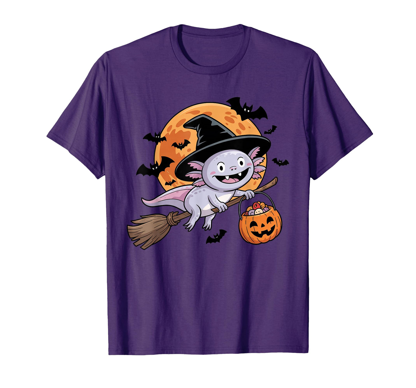 Cute Axolotl Witch with Jack-O-Lantern Pumpkin Halloween T-Shirt
