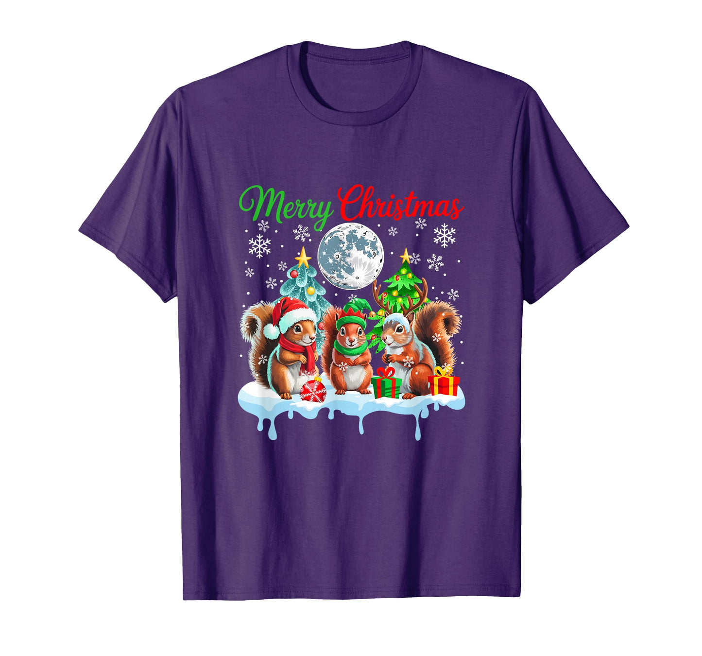 Merry Christmas Three Santa Elf Reindeer Squirrels Rodent T-Shirt