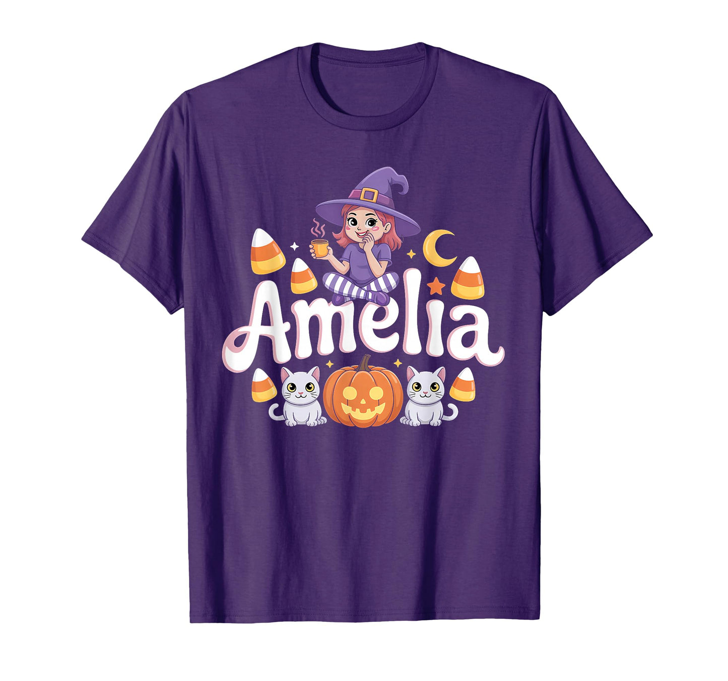 Amelia Witch Candy Corn Cat Halloween Women and Girls T-Shirt