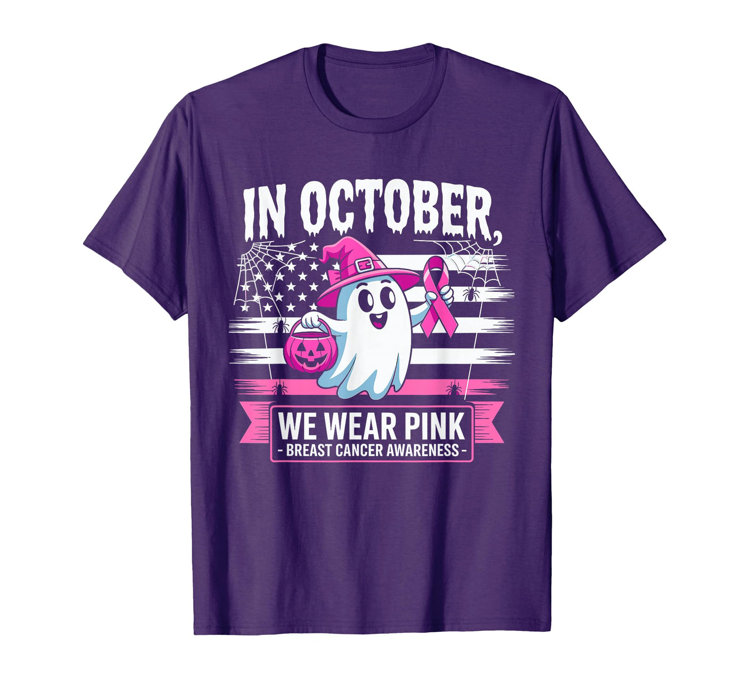 in October We Wear Pink Witch Halloween Breast Cancer Women T-Shirt