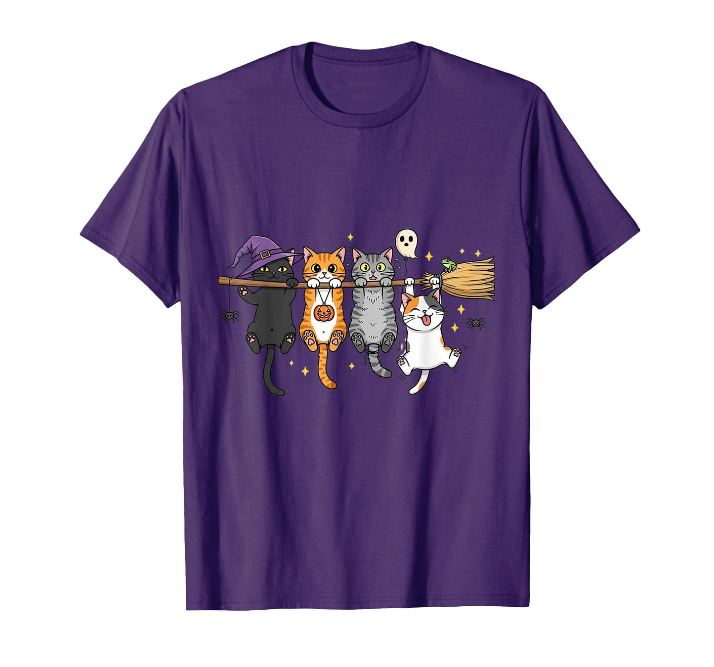 Funny Halloween Cats Hanging on Witch Broom T-Shirt