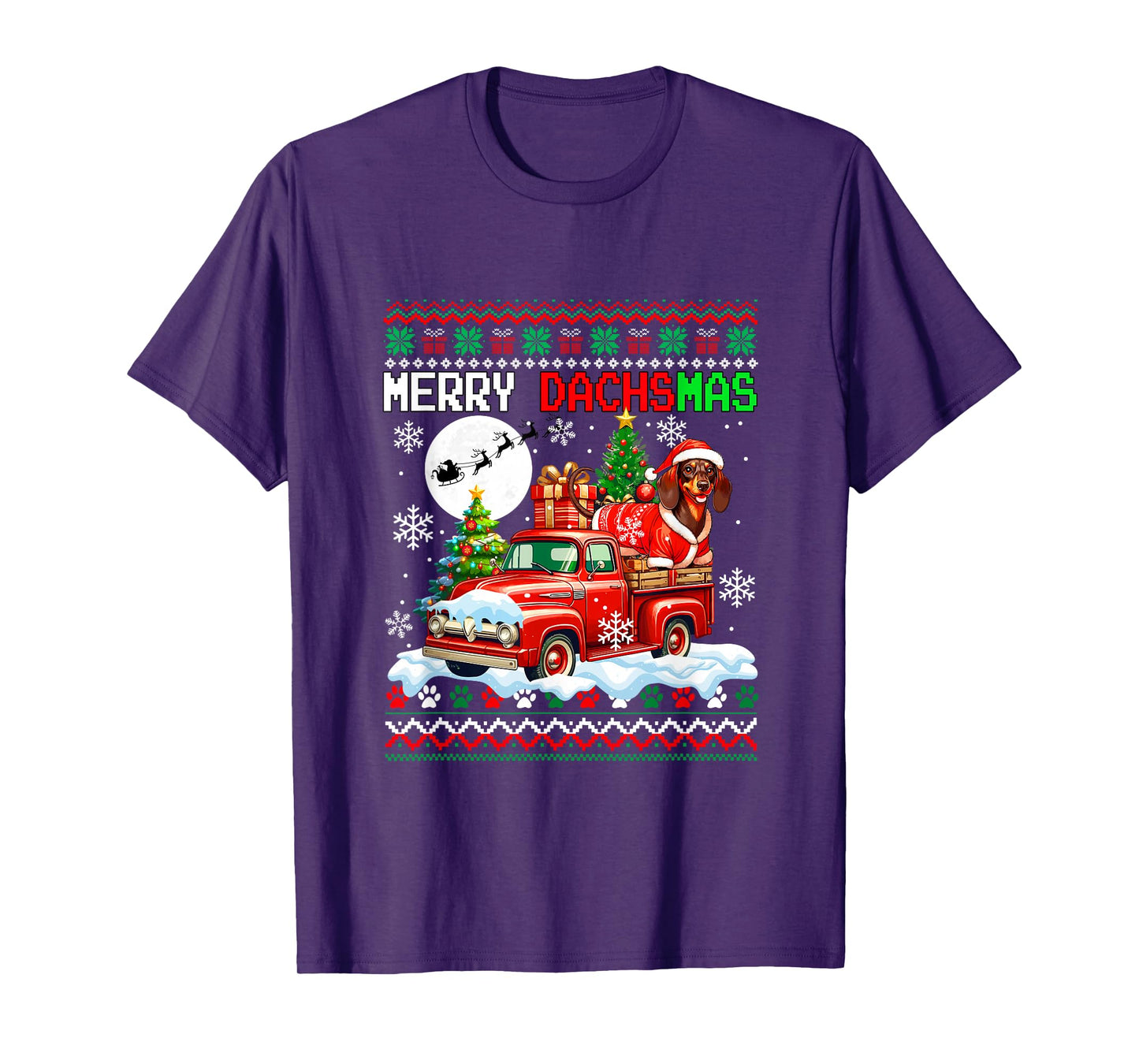 Merry Christmas Sweater Santa Dachshund On Pickup Truck T-Shirt