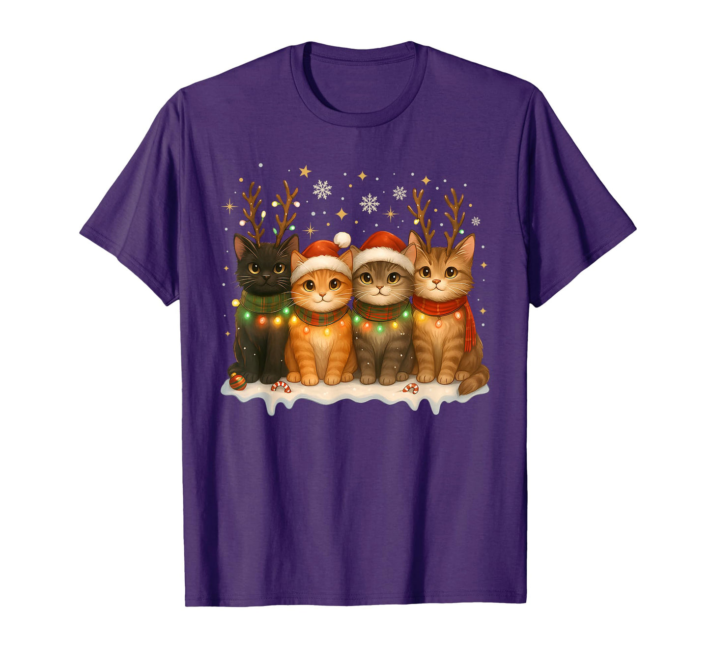 Cat Christmas Light Reindeer Santa Christmas Cat Lover T-Shirt