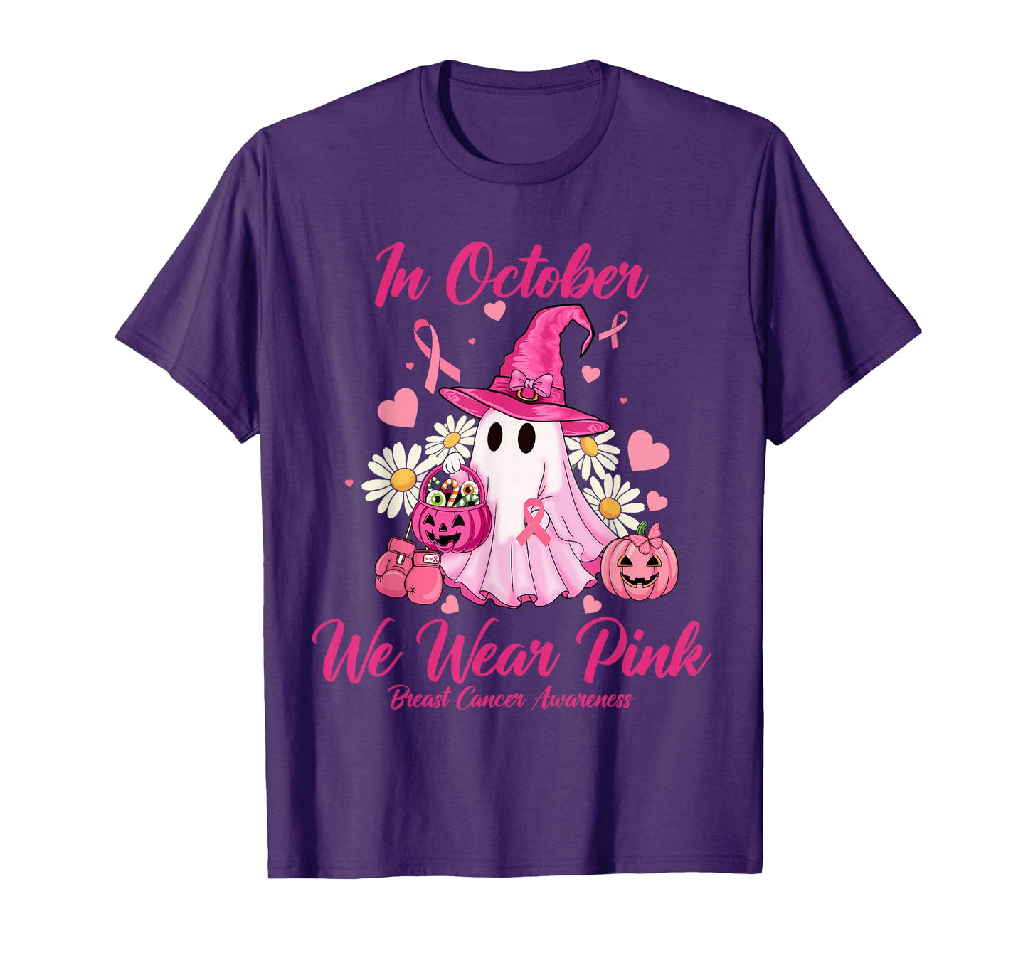 in October We Wear Pink Ghost Witch Breast Cancer Awareness T-Shirt