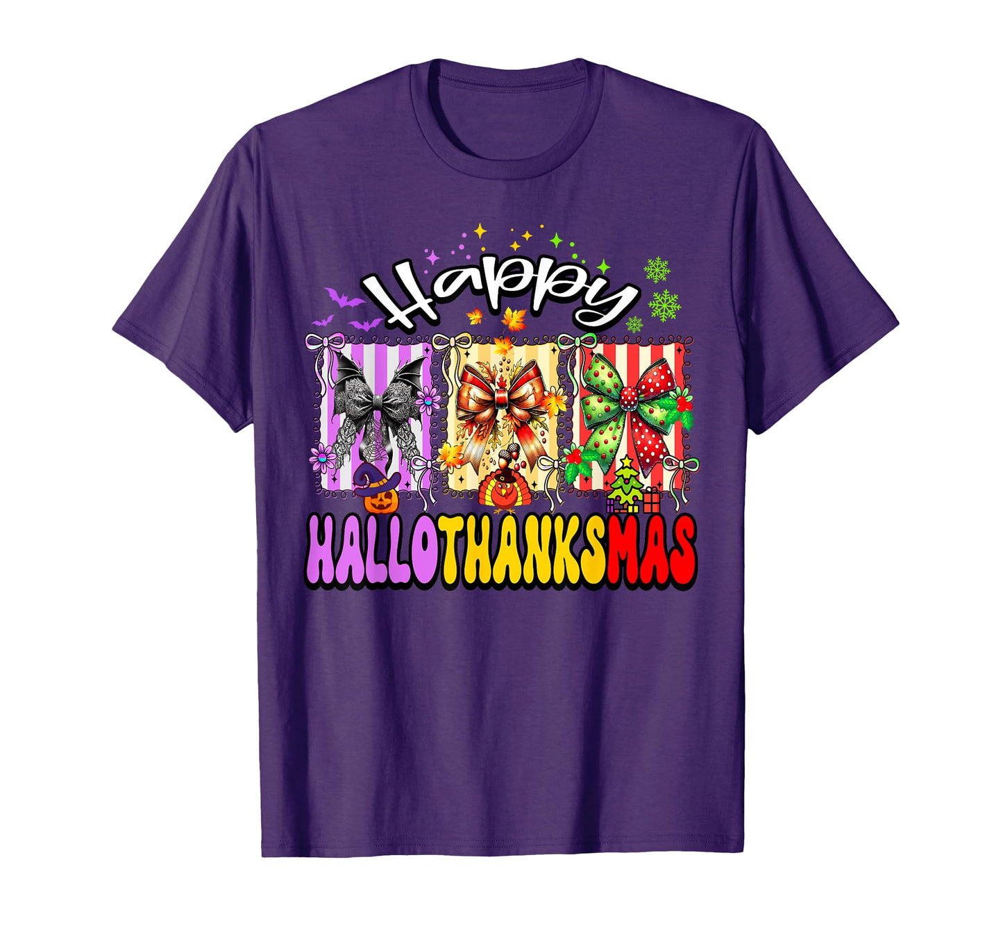 Hallothanksmas Coquette Bow Halloween Thanksgiving Christmas T-Shirt