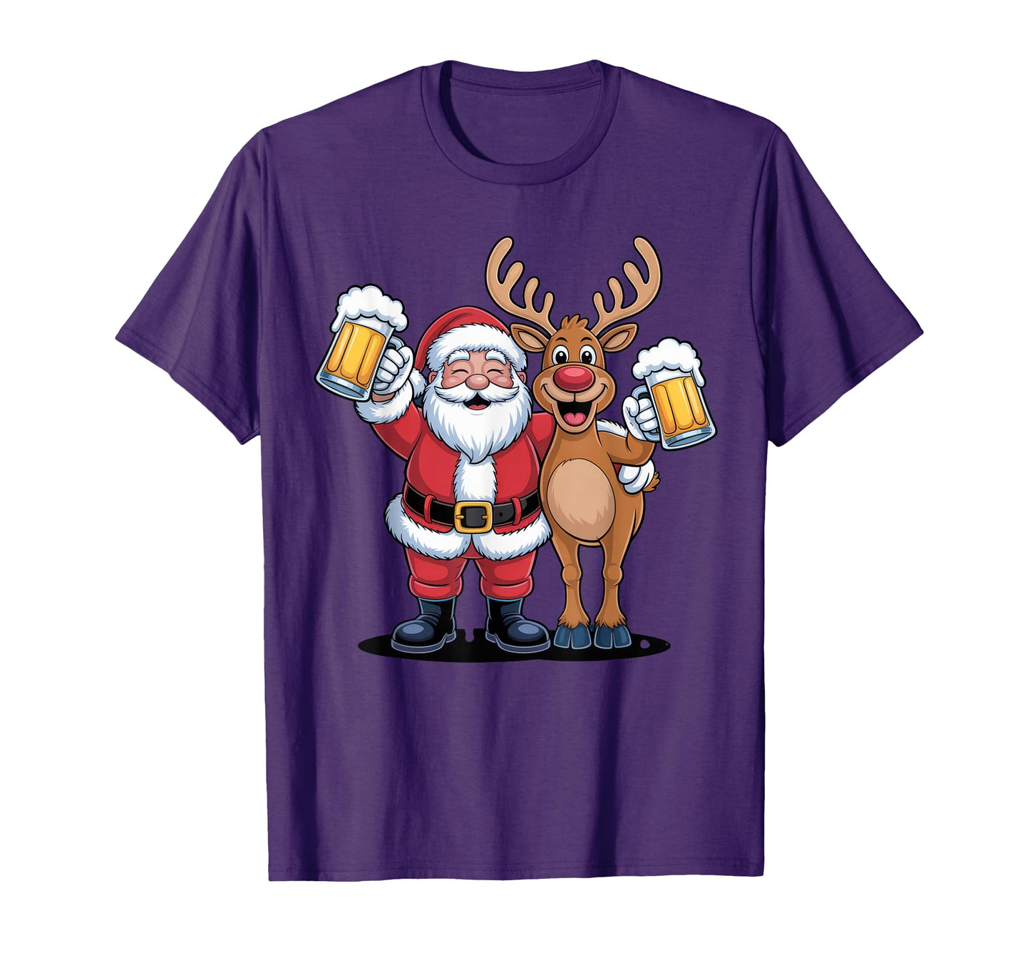 Santa and Reindeer Cheers for Christmas Fun Adult Holiday T-Shirt