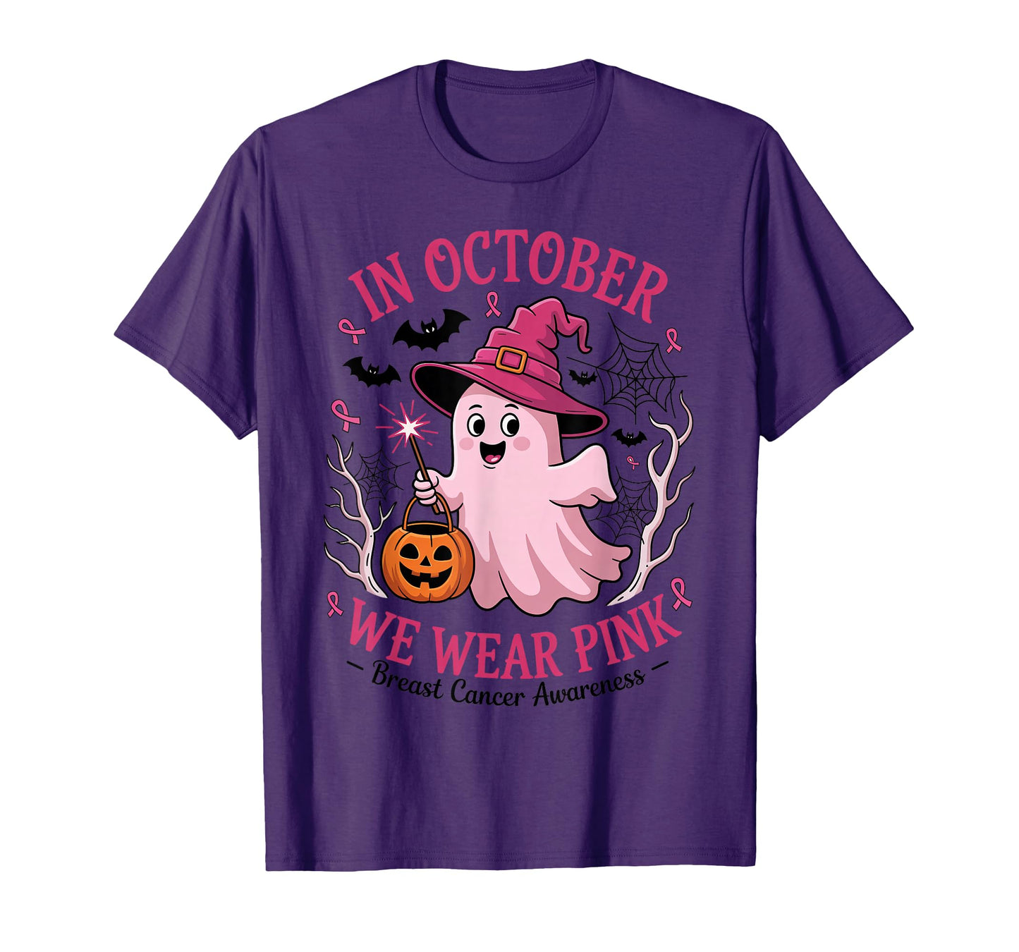 Ghost Witch Cute Pink Ribbon October Breast Cancer Awareness T-Shirt