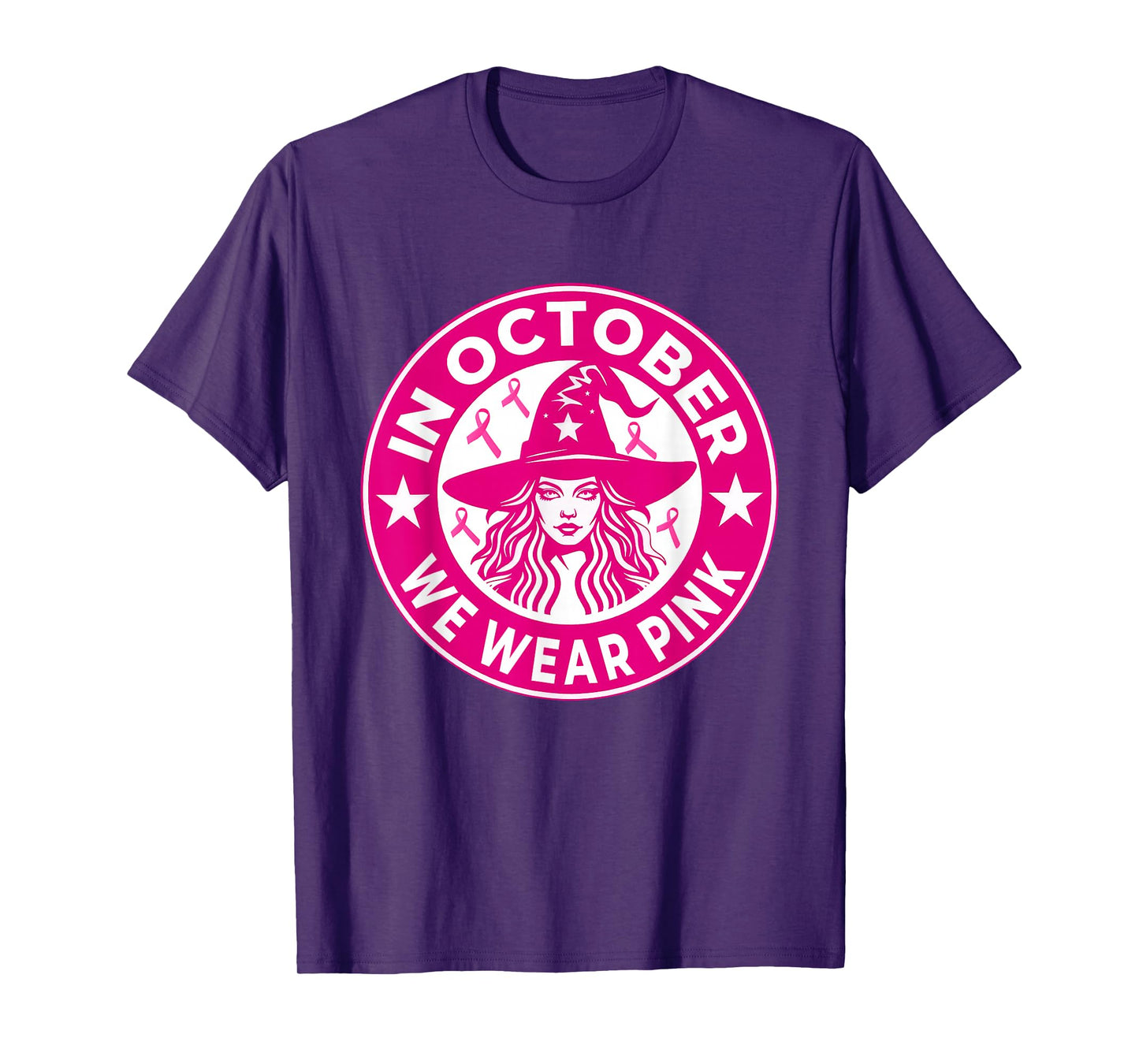 in October We Wear Pink Breast Cancer Awareness Salem Witch T-Shirt