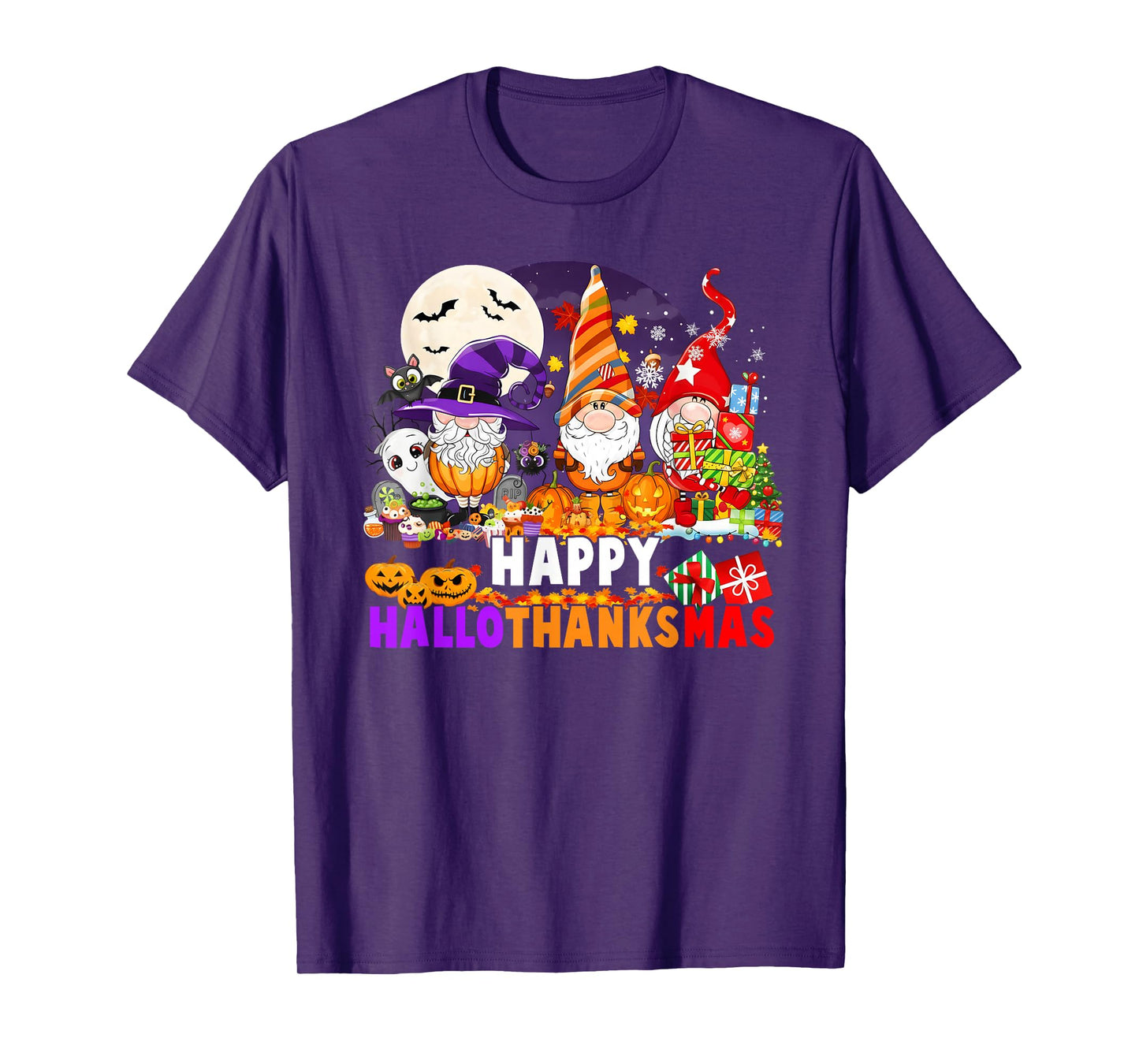 HalloThanksMas Gnomes Halloween Thanksgiving Christmas Happy T-Shirt