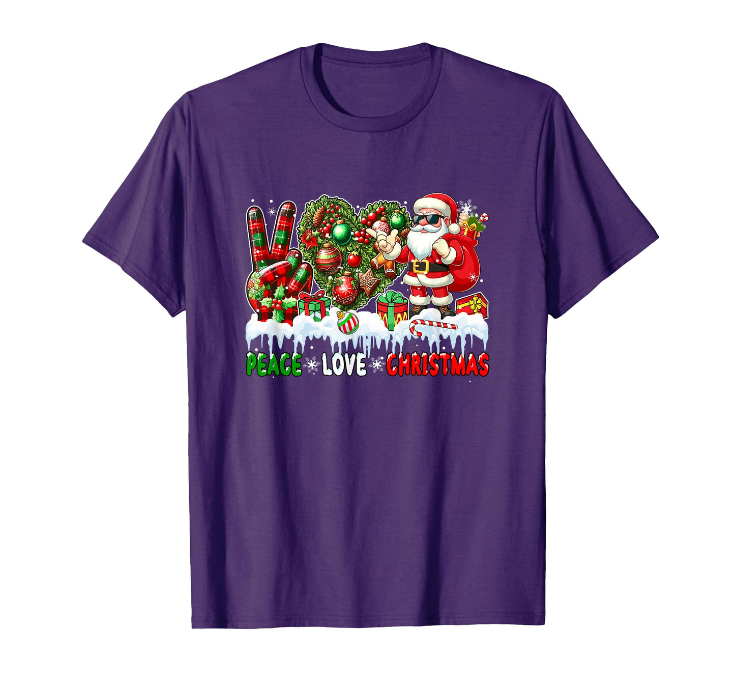 Peace Love Christmas Santa Sunglasses Heart Shape Floral T-Shirt