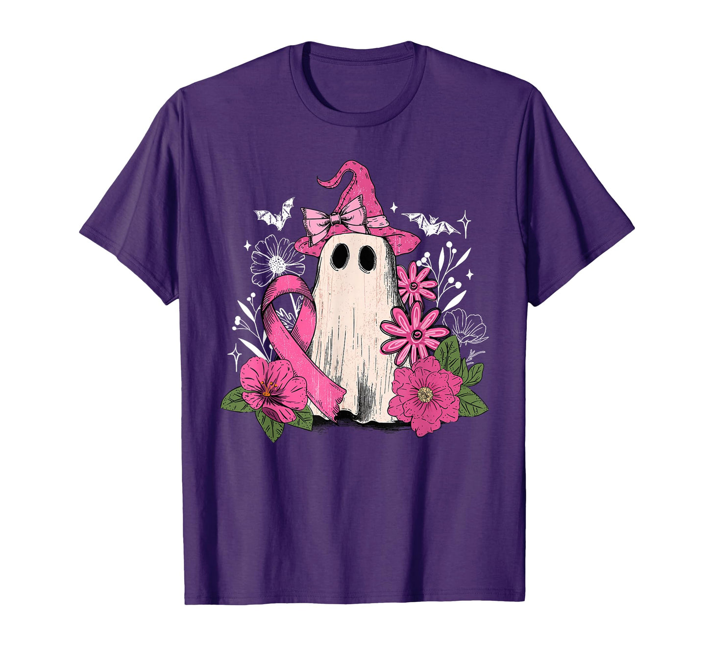 Retro Floral Pink Ghost Witch Breast Cancer Halloween Women T-Shirt