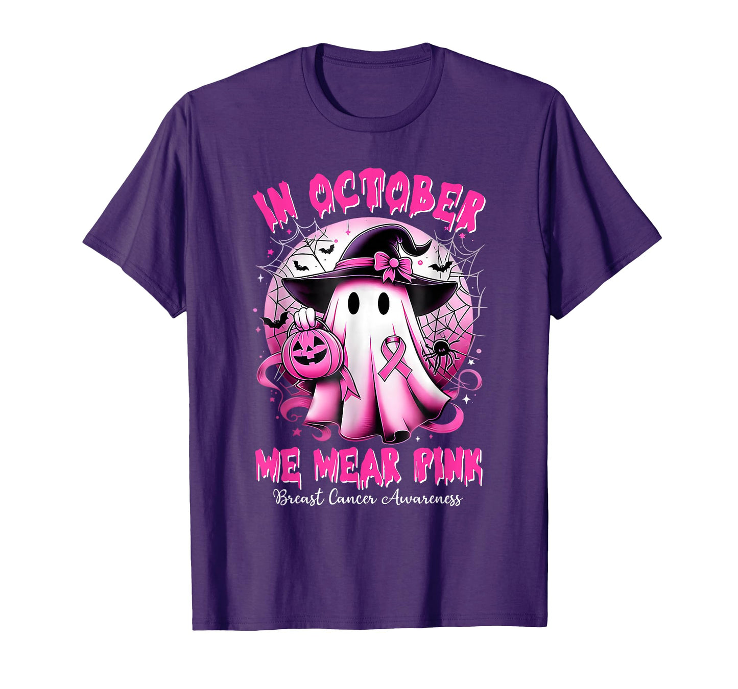 in October We Wear Pink Witch Ghost Breast Cancer Awareness T-Shirt