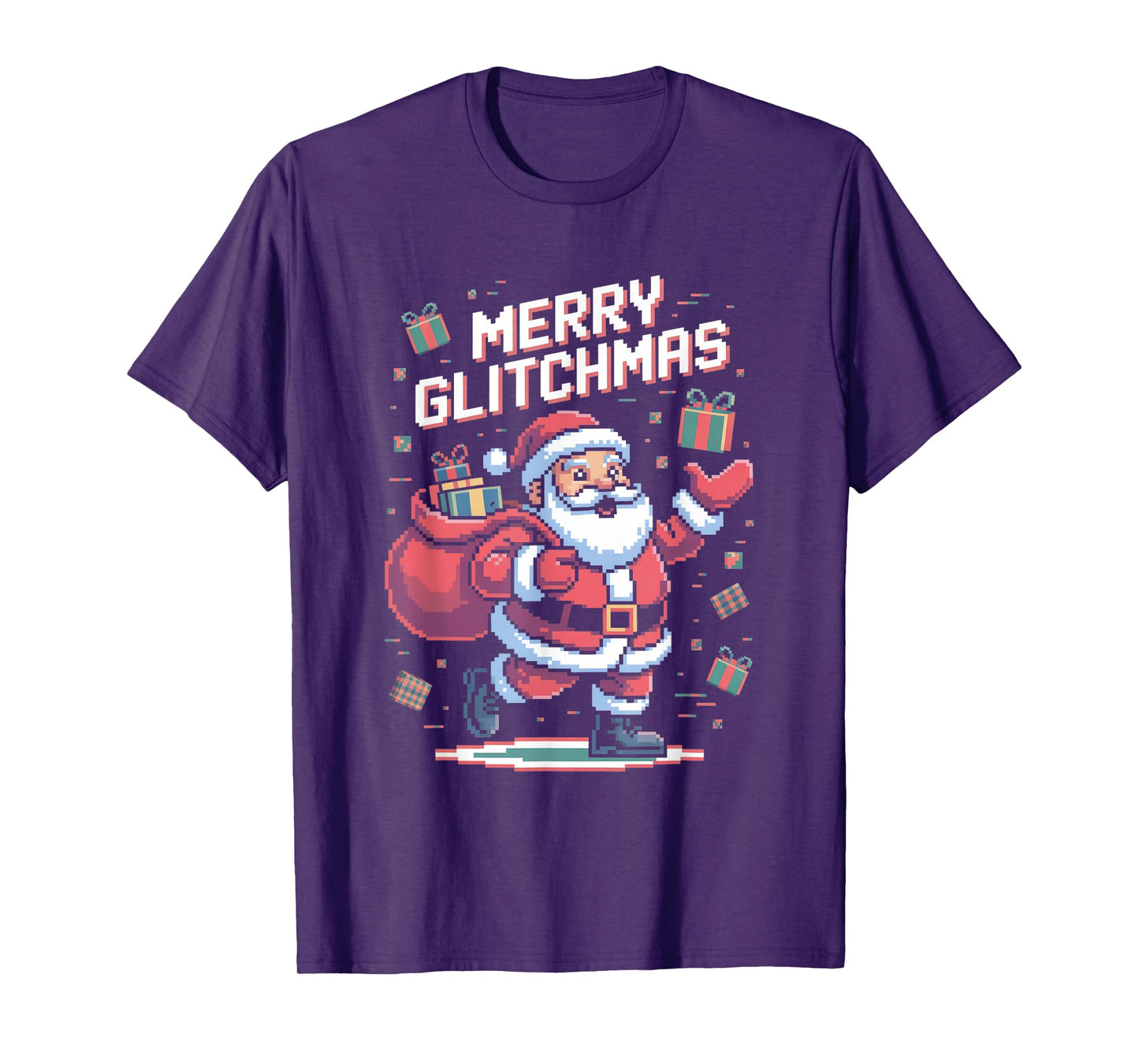 Merry Glitchmas Retro Pixel Santa Gaming Christmas T-Shirt